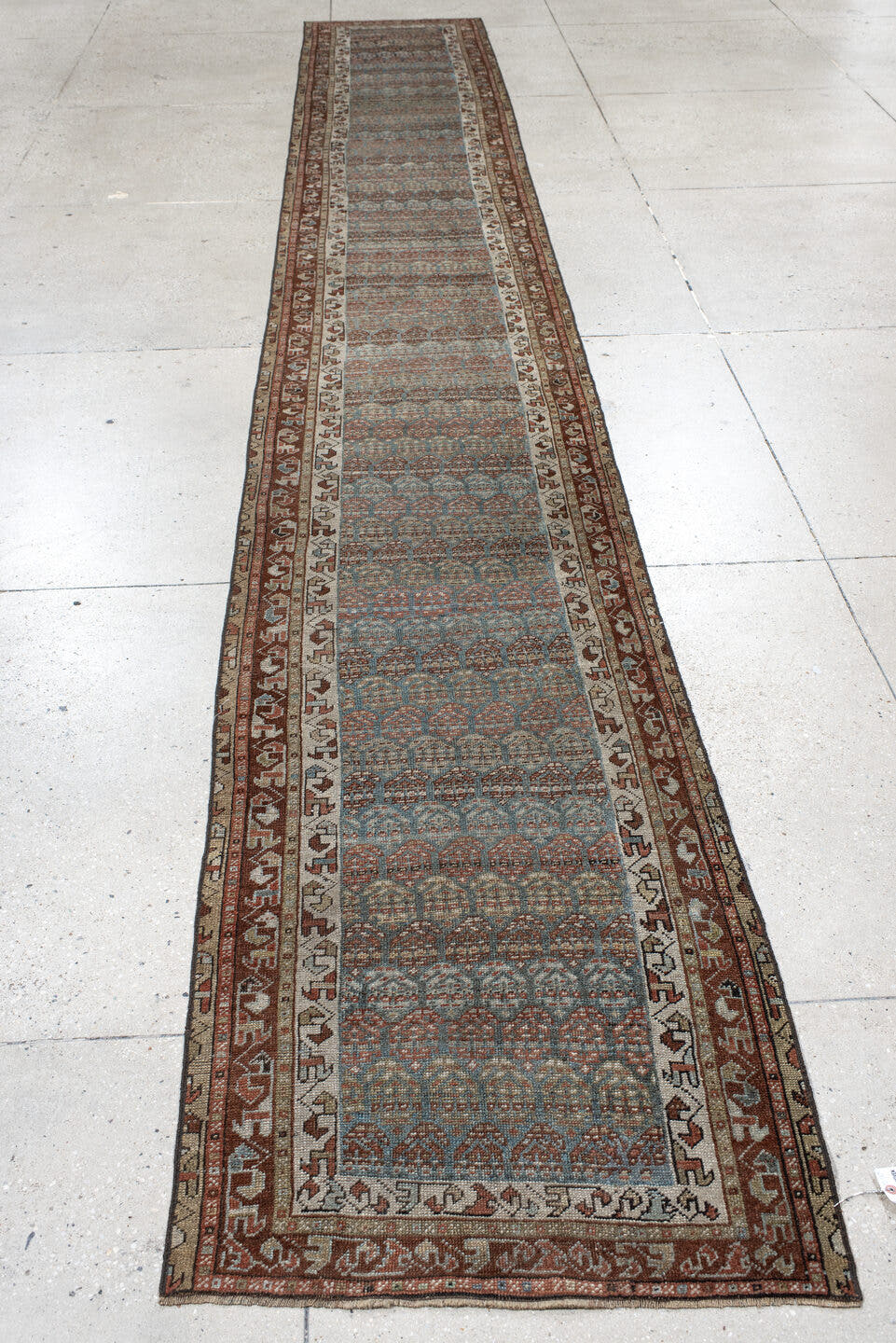2' x 17' one-of-a-kind handmade antique NW Persian runner rug. Color palette: blue-gray, rust, ivory, camel, taupe, brown