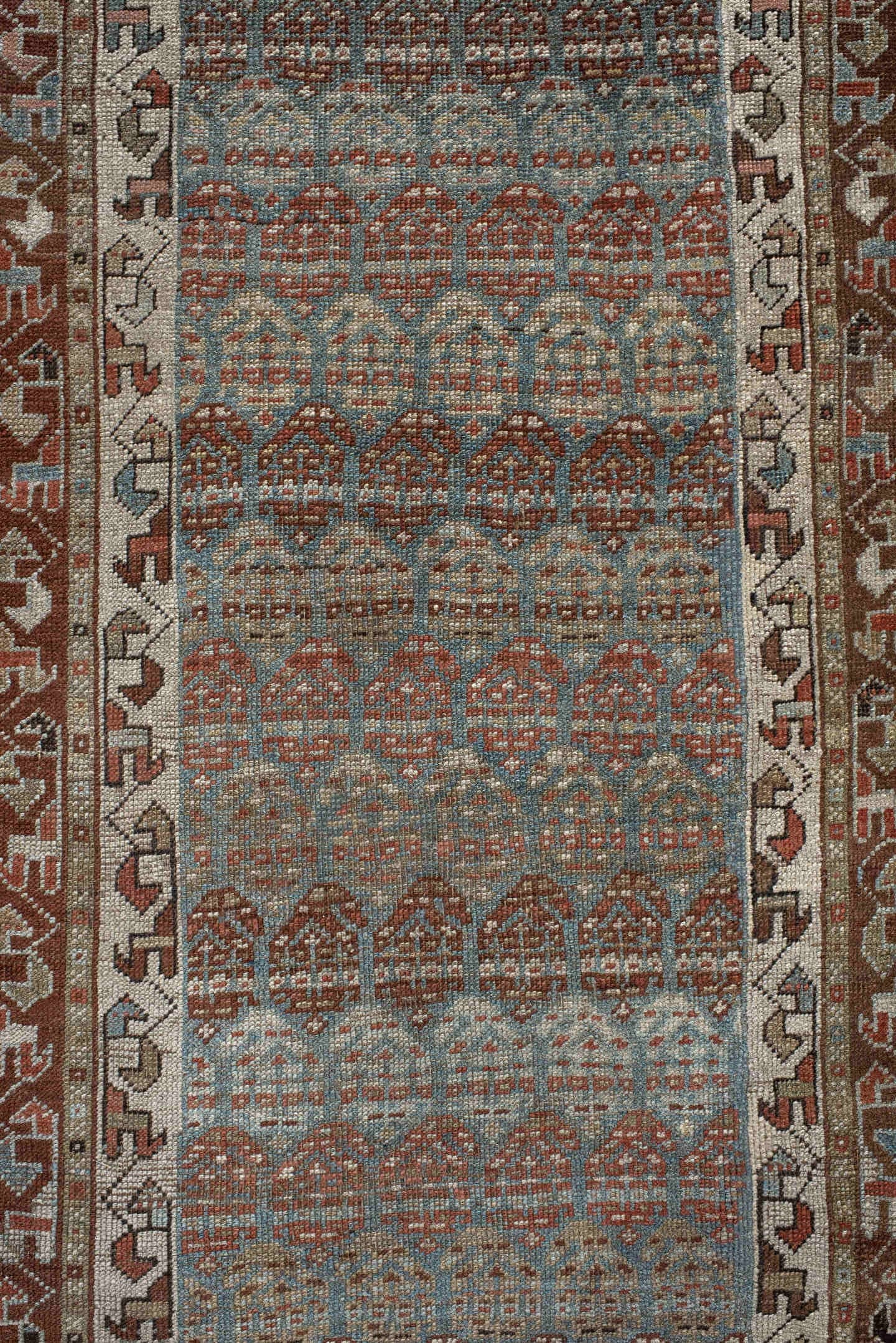 2' x 17' one-of-a-kind handmade antique NW Persian runner rug. Color palette: blue-gray, rust, ivory, camel, taupe, brown