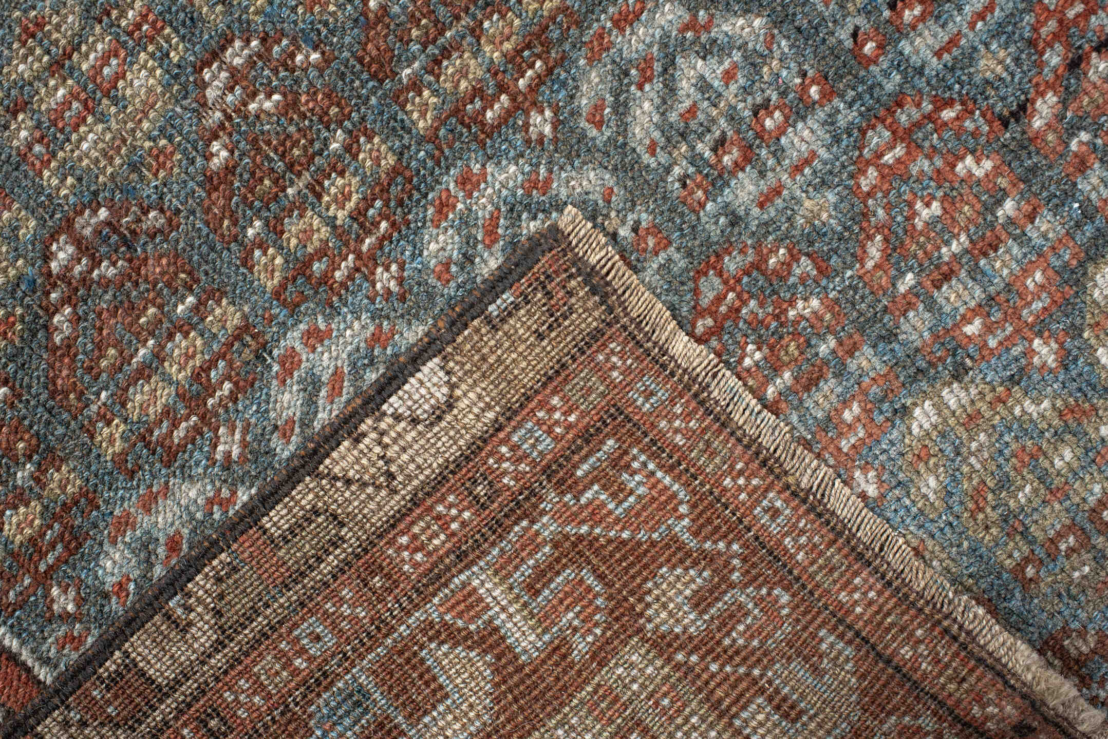 2' x 17' one-of-a-kind handmade antique NW Persian runner rug. Color palette: blue-gray, rust, ivory, camel, taupe, brown