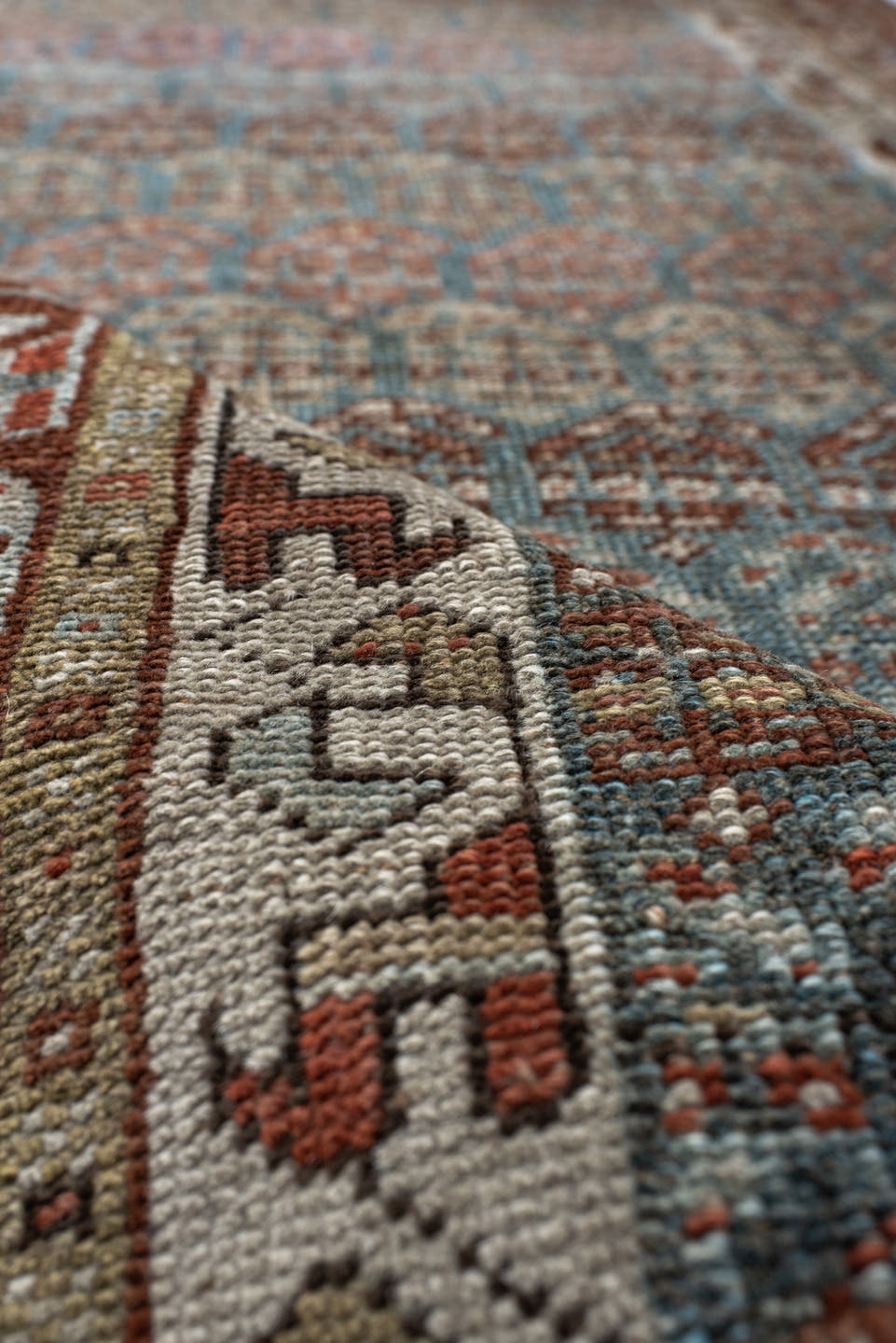 2' x 17' one-of-a-kind handmade antique NW Persian runner rug. Color palette: blue-gray, rust, ivory, camel, taupe, brown