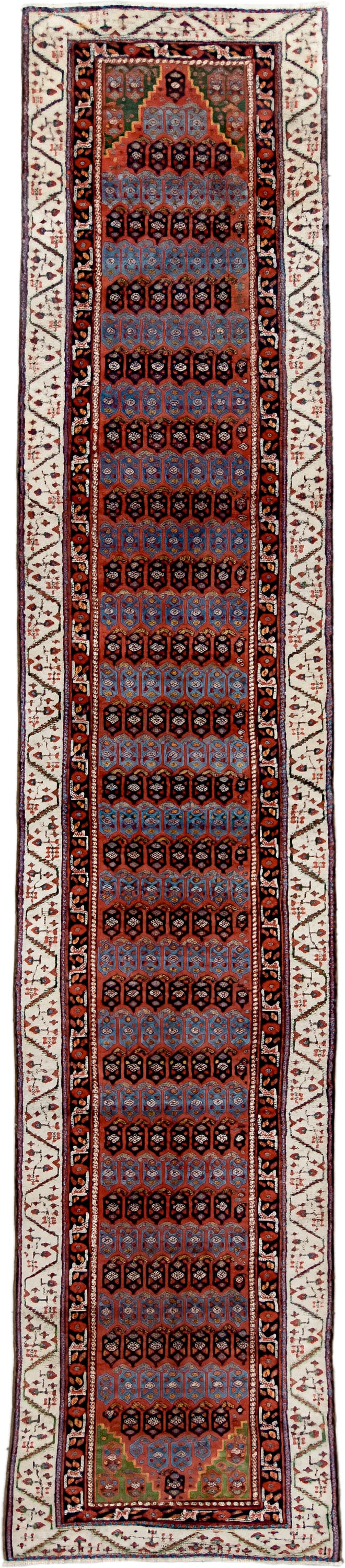 2' x 12' one-of-a-kind handmade antique NW Persian runner rug. Color palette: ivory, rust, indigo, sky_blue, charcoal, sage