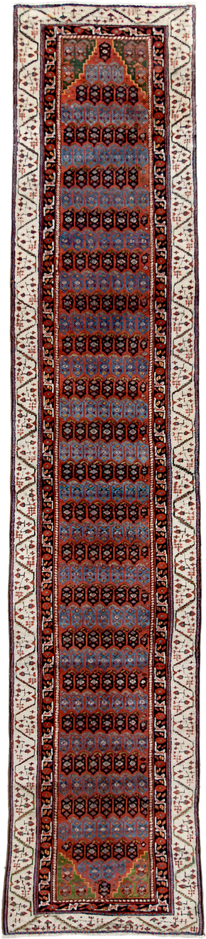 2' x 12' one-of-a-kind handmade antique NW Persian runner rug. Color palette: ivory, rust, indigo, sky_blue, charcoal, sage