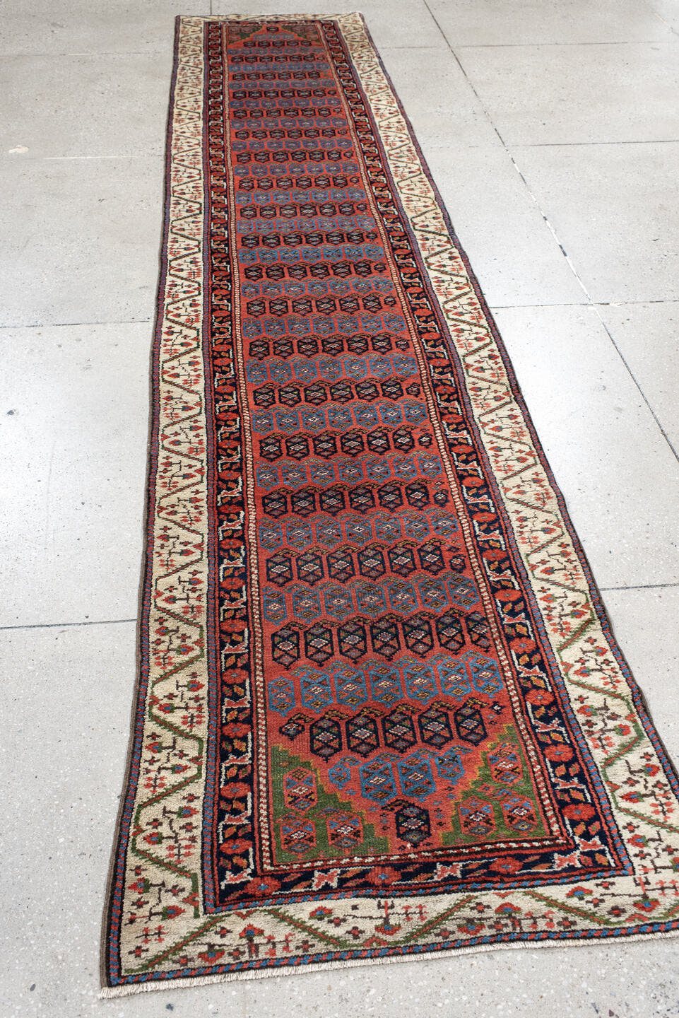 2' x 12' one-of-a-kind handmade antique NW Persian runner rug. Color palette: ivory, rust, indigo, sky_blue, charcoal, sage