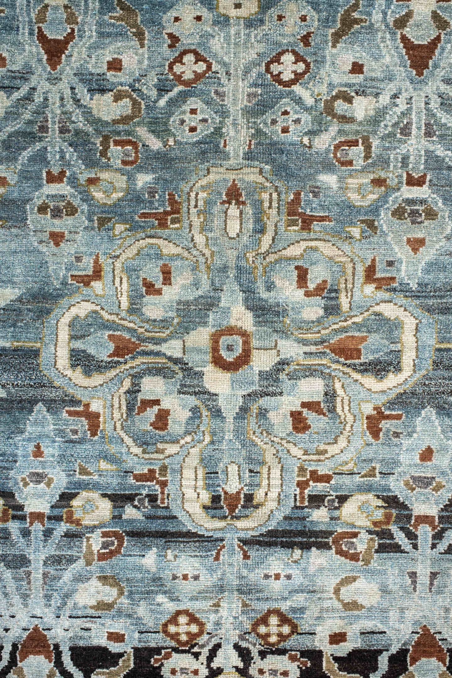 6' x 9' one-of-a-kind handmade antique Lilian medium size rug. Color palette: pale blue, ivory, rust, slate, charcoal, taupe