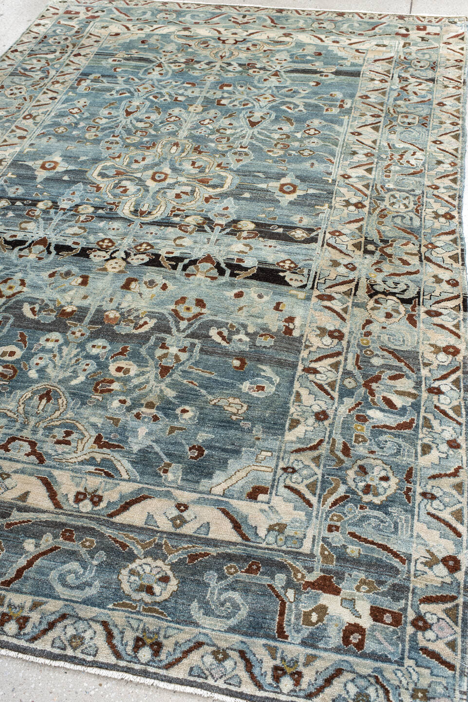 6' x 9' one-of-a-kind handmade antique Lilian medium size rug. Color palette: pale blue, ivory, rust, slate, charcoal, taupe