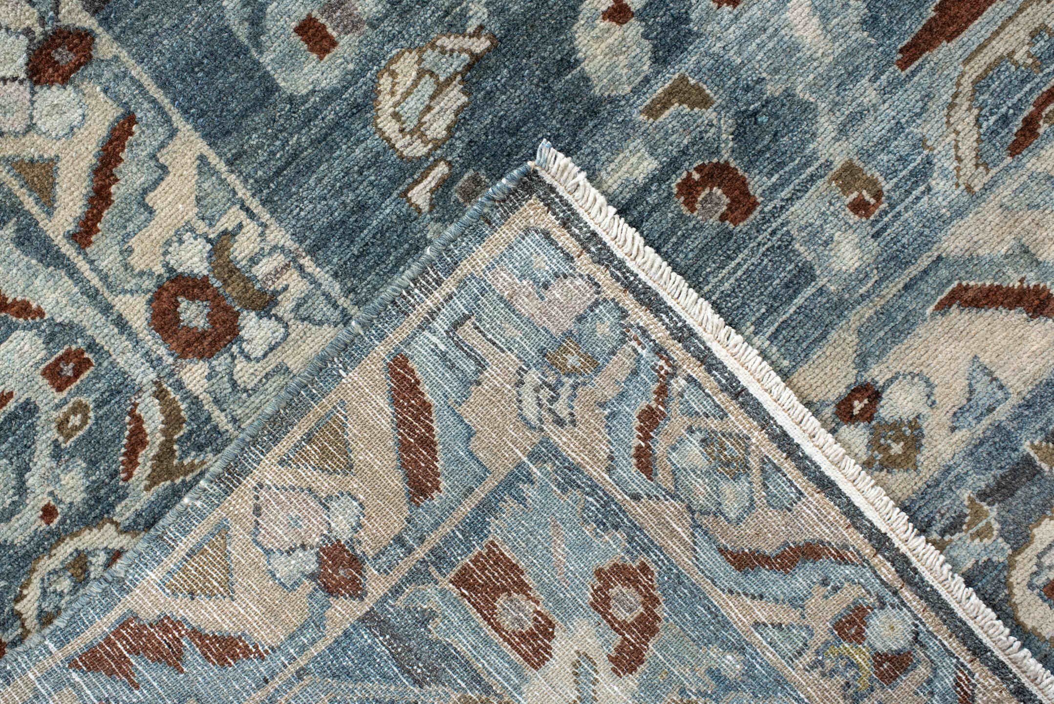 6' x 9' one-of-a-kind handmade antique Lilian medium size rug. Color palette: pale blue, ivory, rust, slate, charcoal, taupe