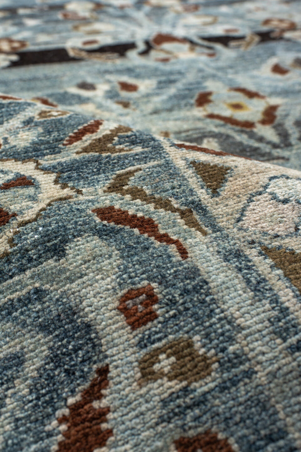 6' x 9' one-of-a-kind handmade antique Lilian medium size rug. Color palette: pale blue, ivory, rust, slate, charcoal, taupe