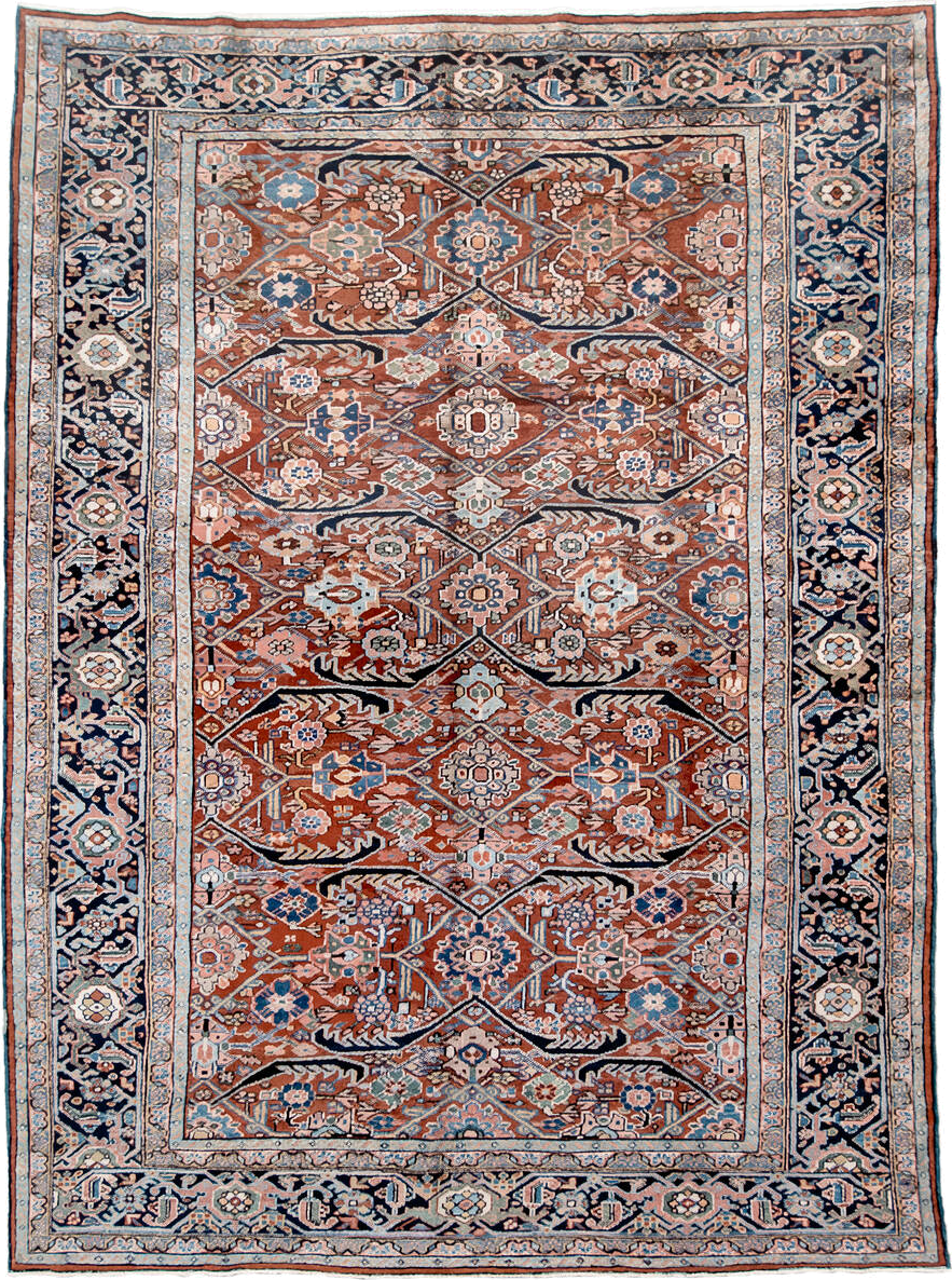 9' x 12' one-of-a-kind handmade antique Heriz large size rug. Color palette: rust, navy, ivory, sky_blue, camel, slate