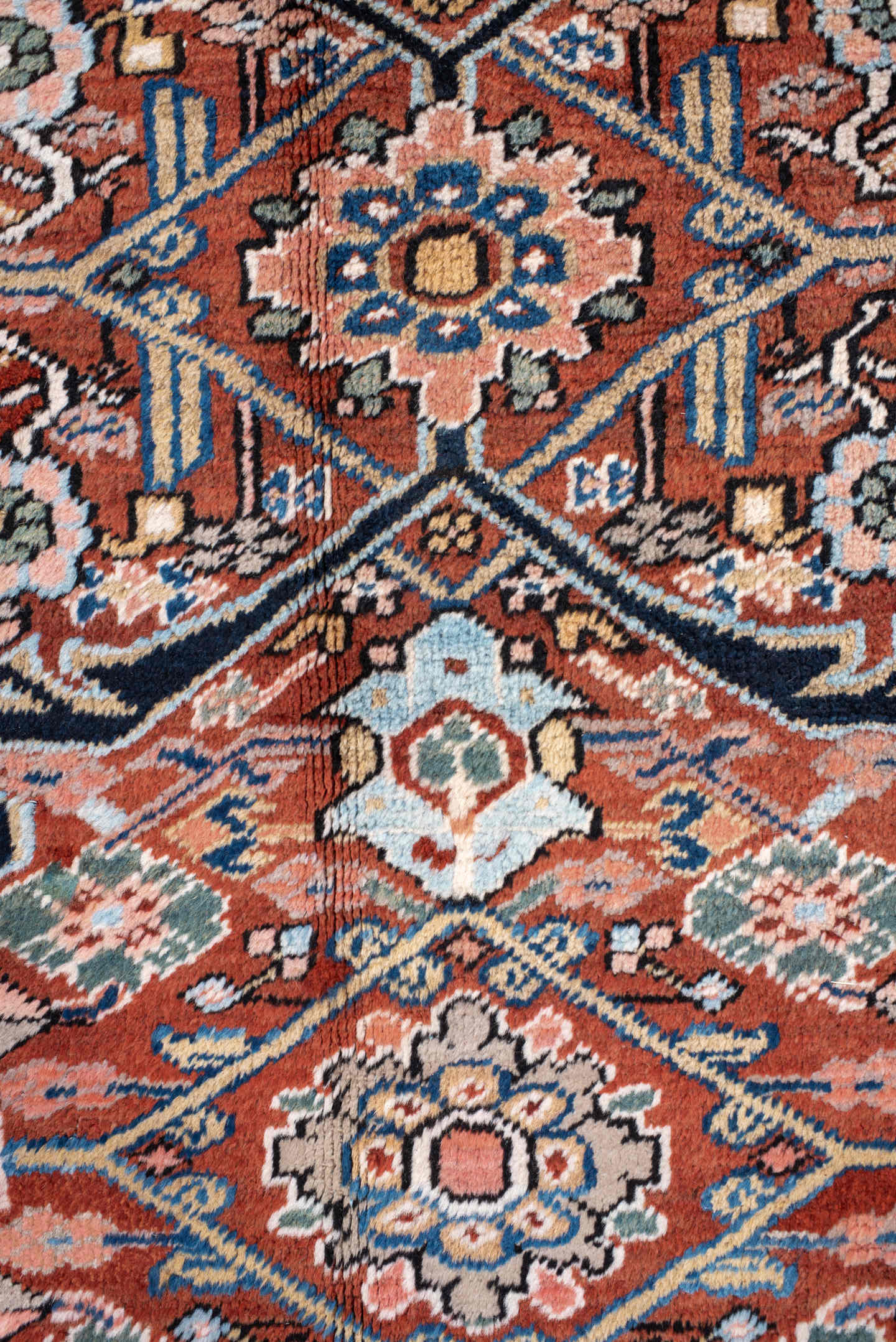 9' x 12' one-of-a-kind handmade antique Heriz large size rug. Color palette: rust, navy, ivory, sky_blue, camel, slate