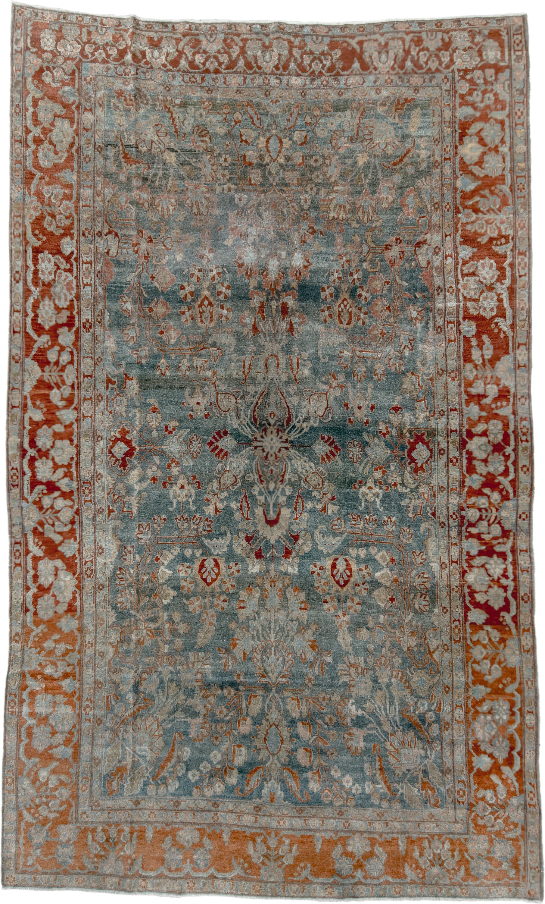 8' x 13' one-of-a-kind handmade antique Sarouk large size rug. Color palette: light blue, rust, ivory, terra cotta, sage