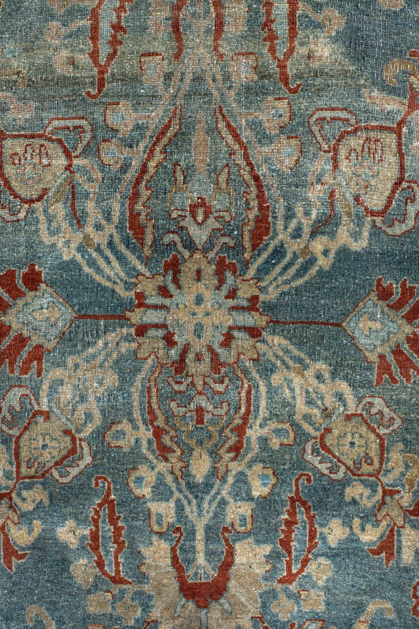 8' x 13' one-of-a-kind handmade antique Sarouk large size rug. Color palette: light blue, rust, ivory, terra cotta, sage