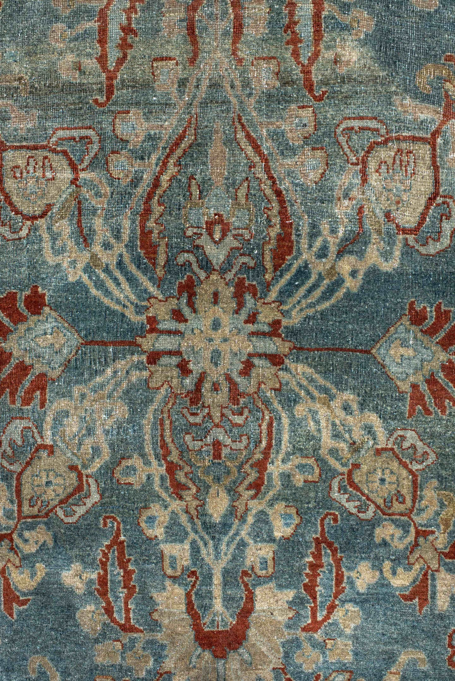 8' x 13' one-of-a-kind handmade antique Sarouk large size rug. Color palette: light blue, rust, ivory, terra cotta, sage