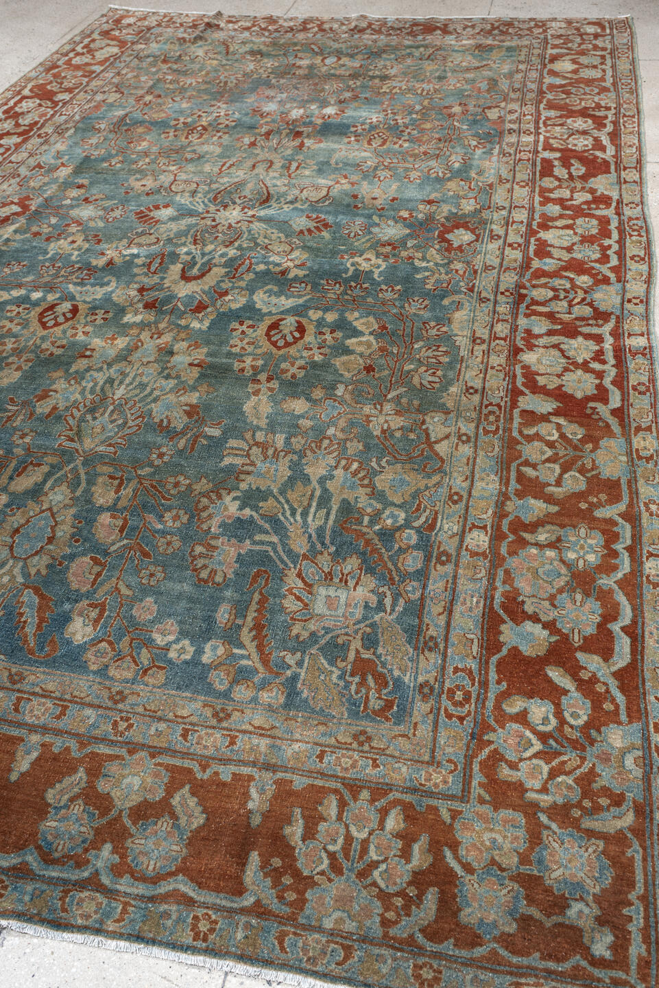 8' x 13' one-of-a-kind handmade antique Sarouk large size rug. Color palette: light blue, rust, ivory, terra cotta, sage