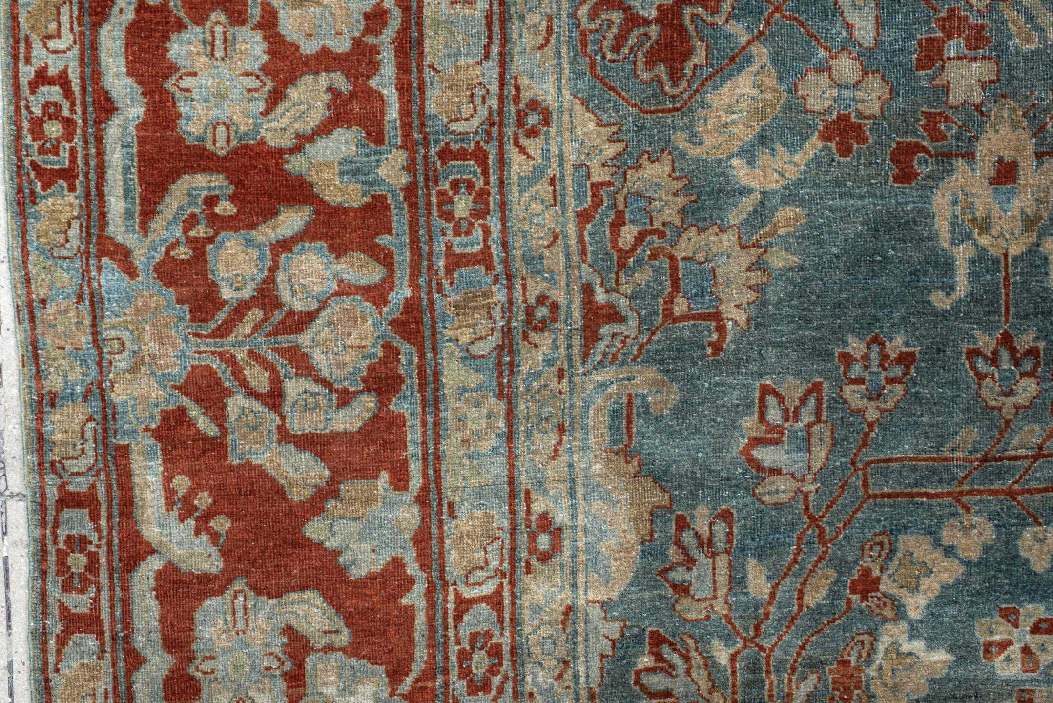 8' x 13' one-of-a-kind handmade antique Sarouk large size rug. Color palette: light blue, rust, ivory, terra cotta, sage