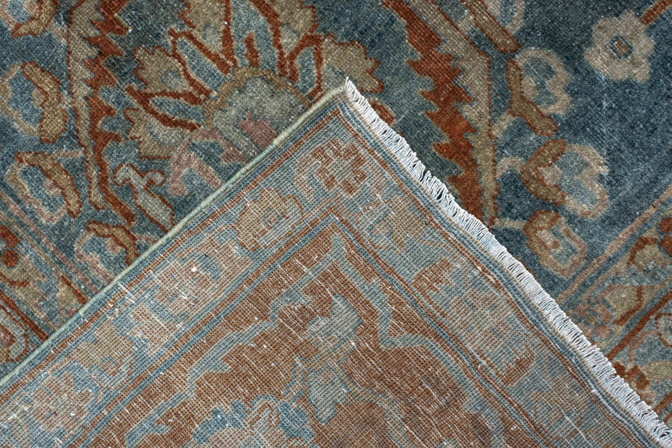 8' x 13' one-of-a-kind handmade antique Sarouk large size rug. Color palette: light blue, rust, ivory, terra cotta, sage