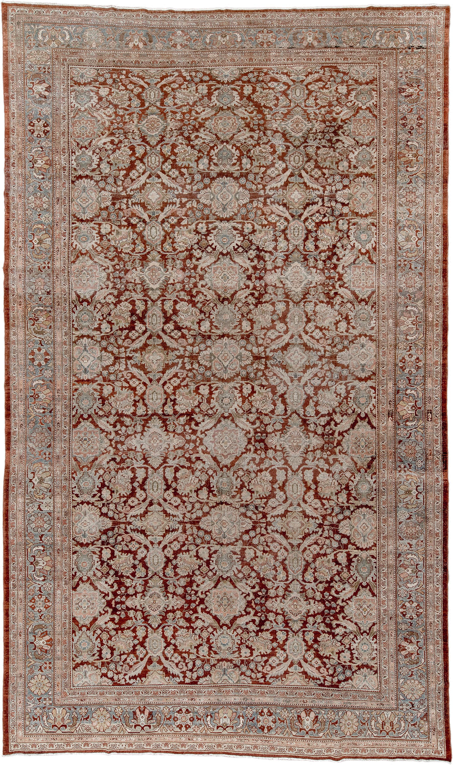 10' x 18' one-of-a-kind handmade antique Sultanabad rug. Color palette: rust, ivory, light blue, taupe, camel, brown