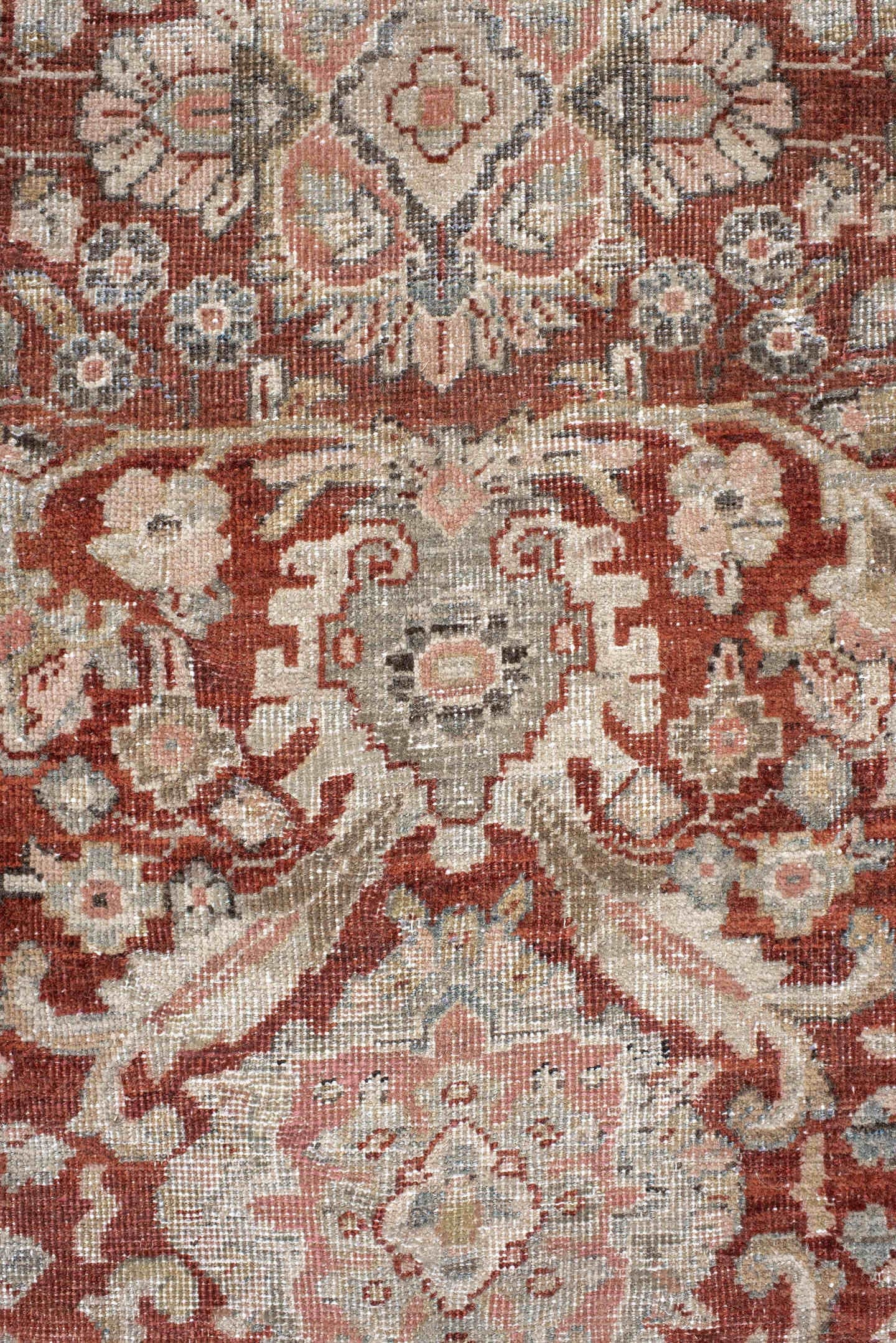 10' x 18' one-of-a-kind handmade antique Sultanabad rug. Color palette: rust, ivory, light blue, taupe, camel, brown