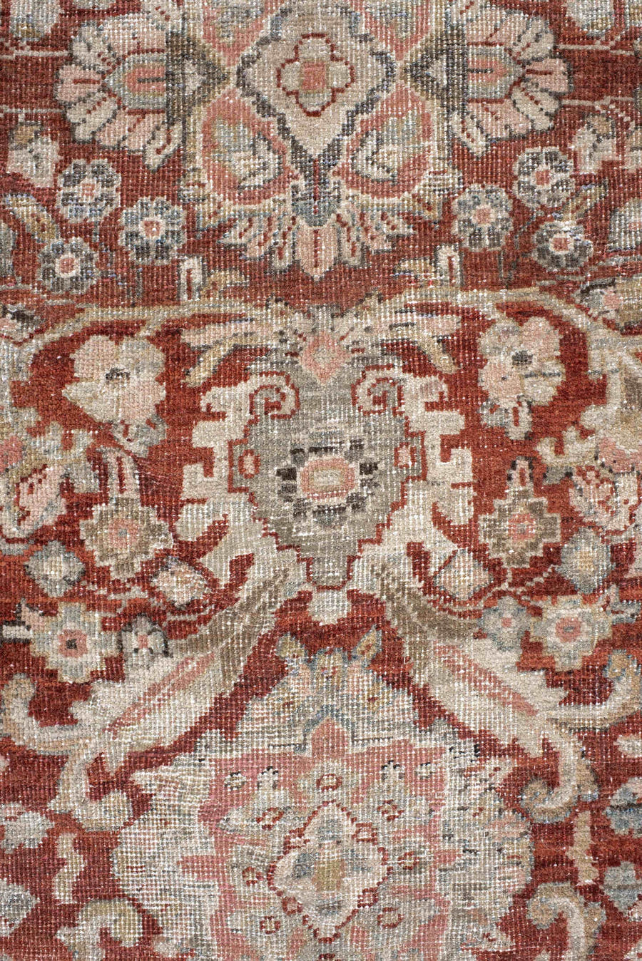 10' x 18' one-of-a-kind handmade antique Sultanabad rug. Color palette: rust, ivory, light blue, taupe, camel, brown