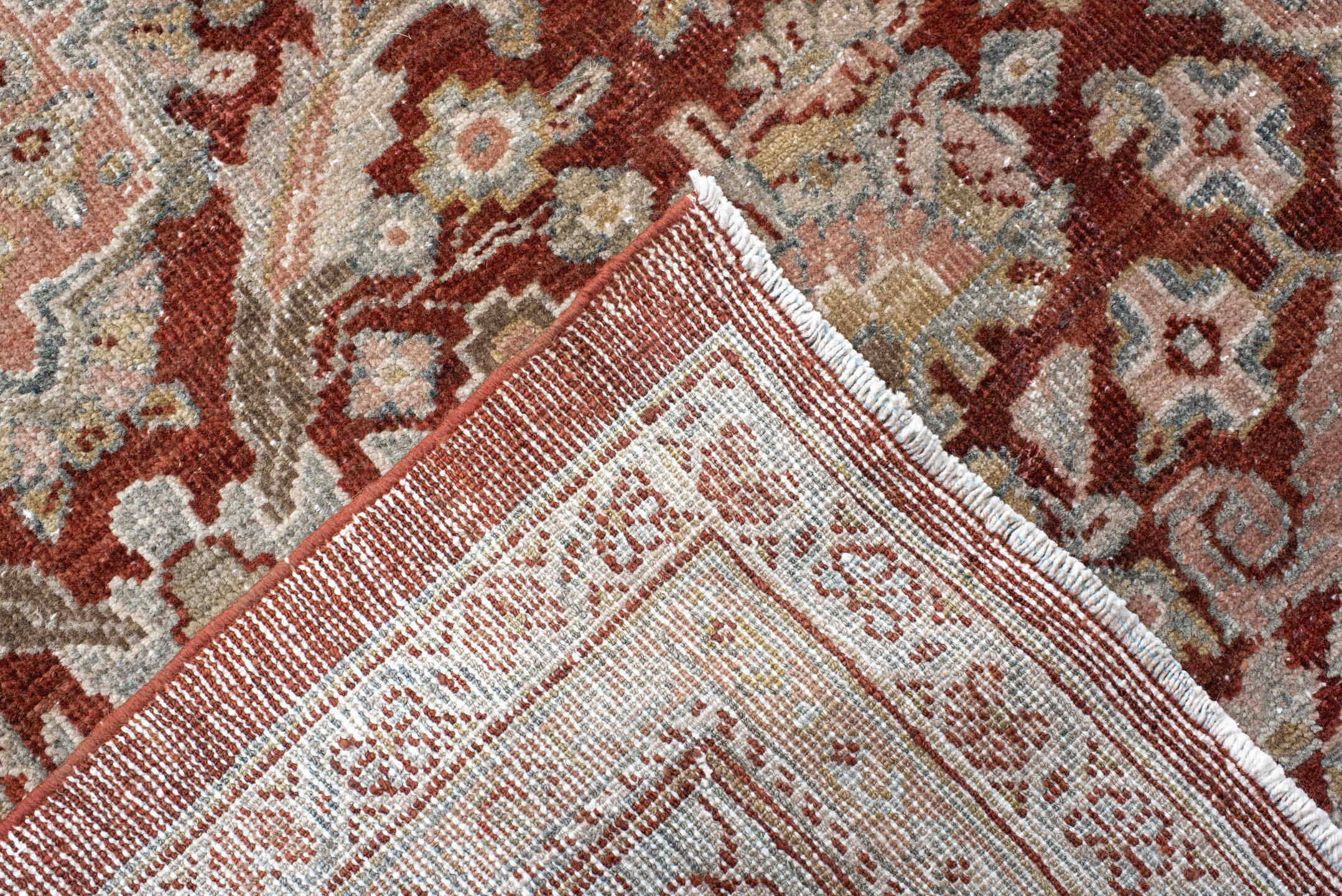 10' x 18' one-of-a-kind handmade antique Sultanabad rug. Color palette: rust, ivory, light blue, taupe, camel, brown