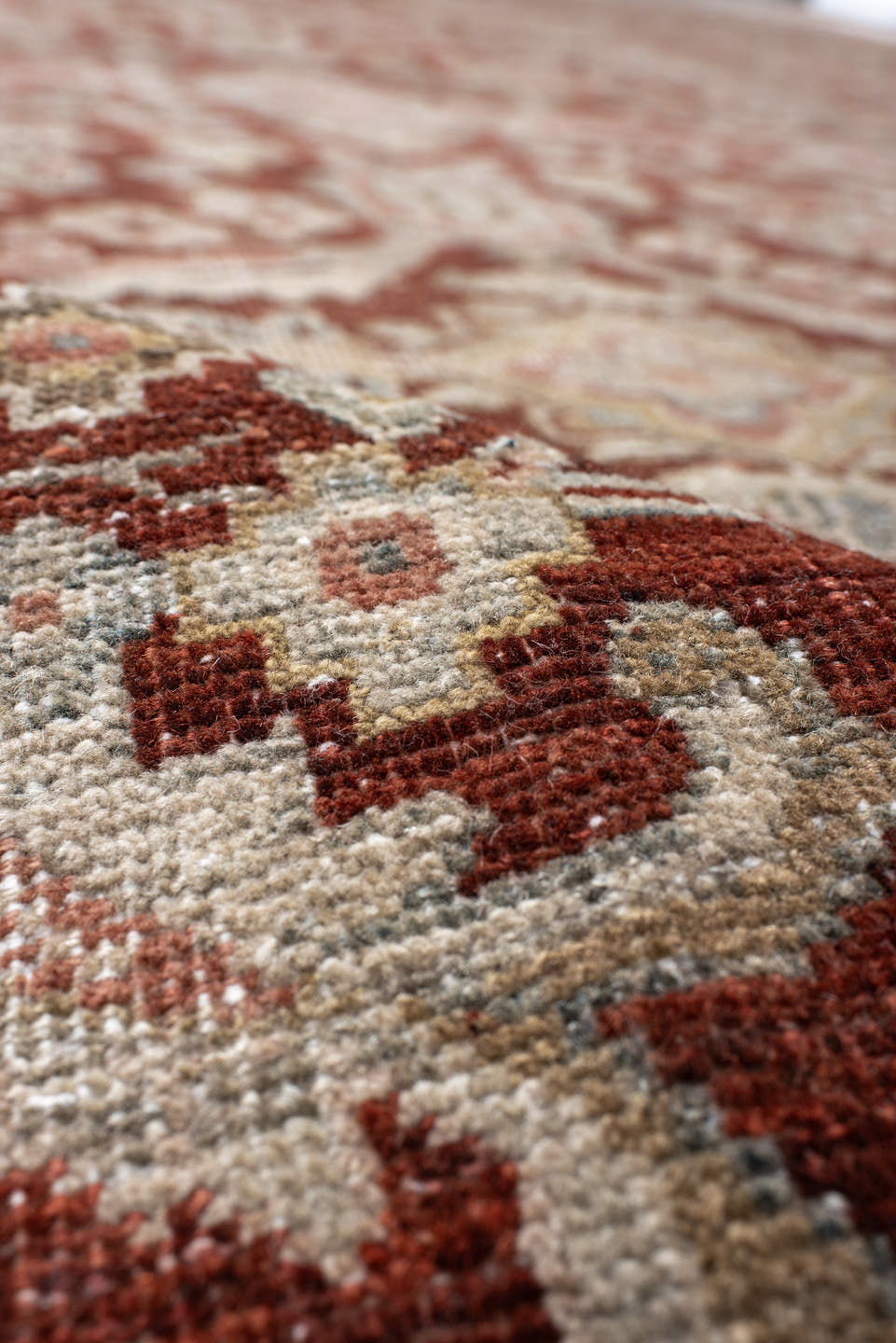 10' x 18' one-of-a-kind handmade antique Sultanabad rug. Color palette: rust, ivory, light blue, taupe, camel, brown