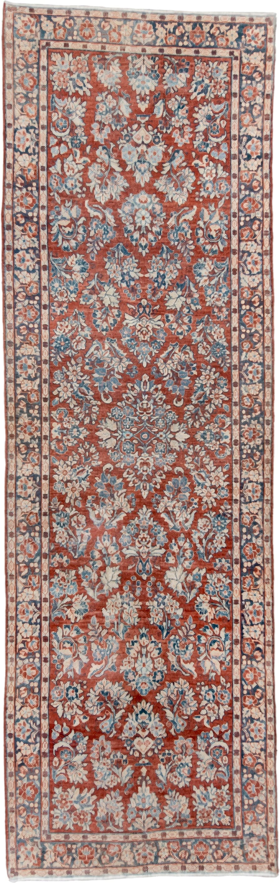 3' x 11' one-of-a-kind handmade antique Sarouk runner rug. Color palette: rust, ivory, blue, navy, cream, terra cotta