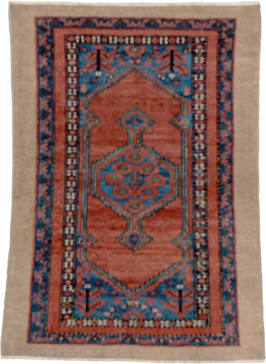 2' x 4' one-of-a-kind handmade antique Cam Hamadan small size rug. Color palette: ivory, terra cotta, sky blue, navy, rose