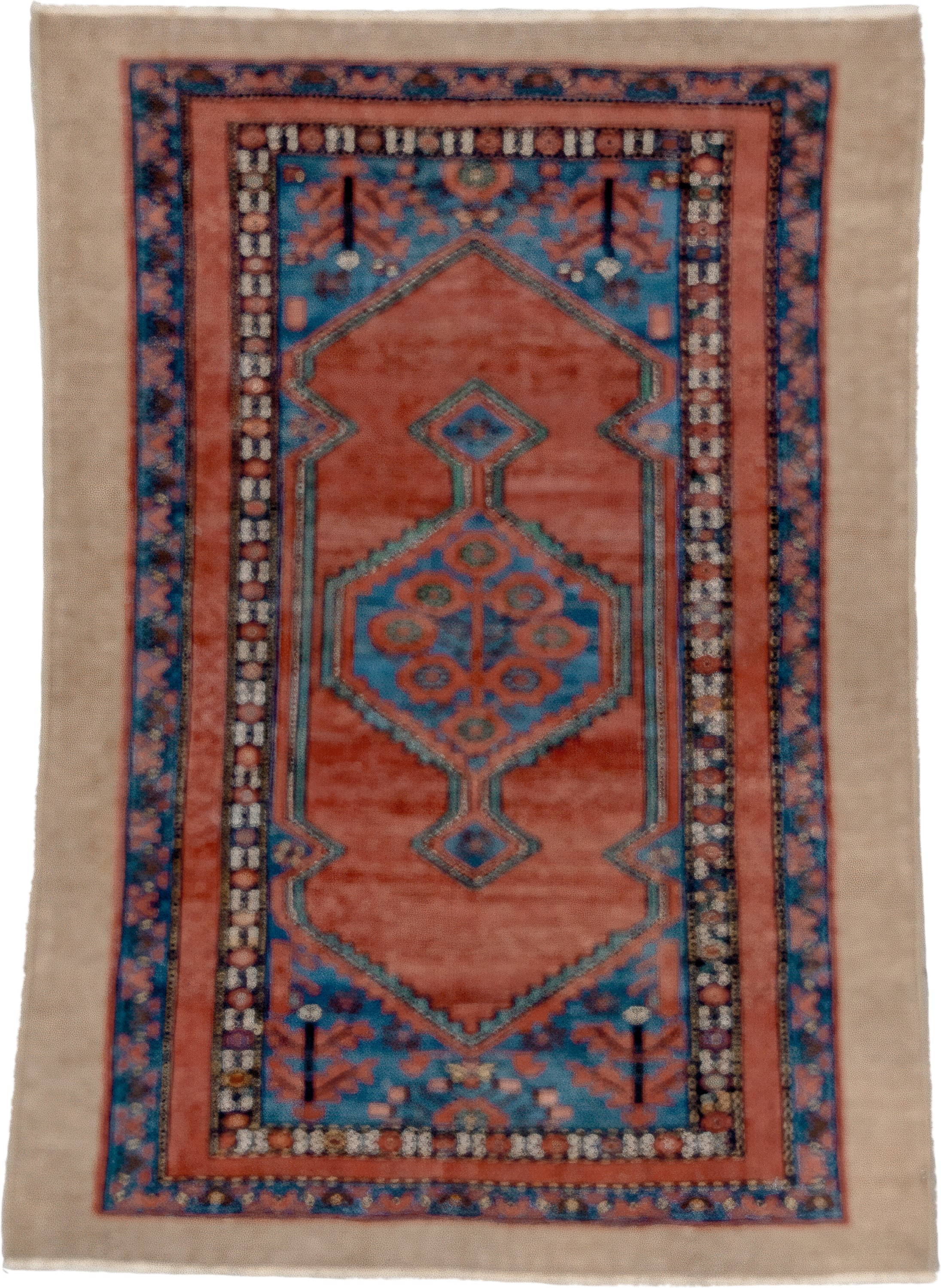 2' x 4' one-of-a-kind handmade antique Cam Hamadan small size rug. Color palette: ivory, terra cotta, sky blue, navy, rose