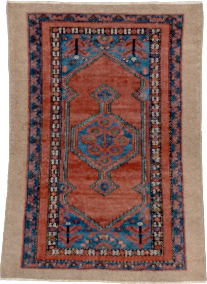 2' x 4' one-of-a-kind handmade antique Cam Hamadan small size rug. Color palette: ivory, terra cotta, sky blue, navy, rose