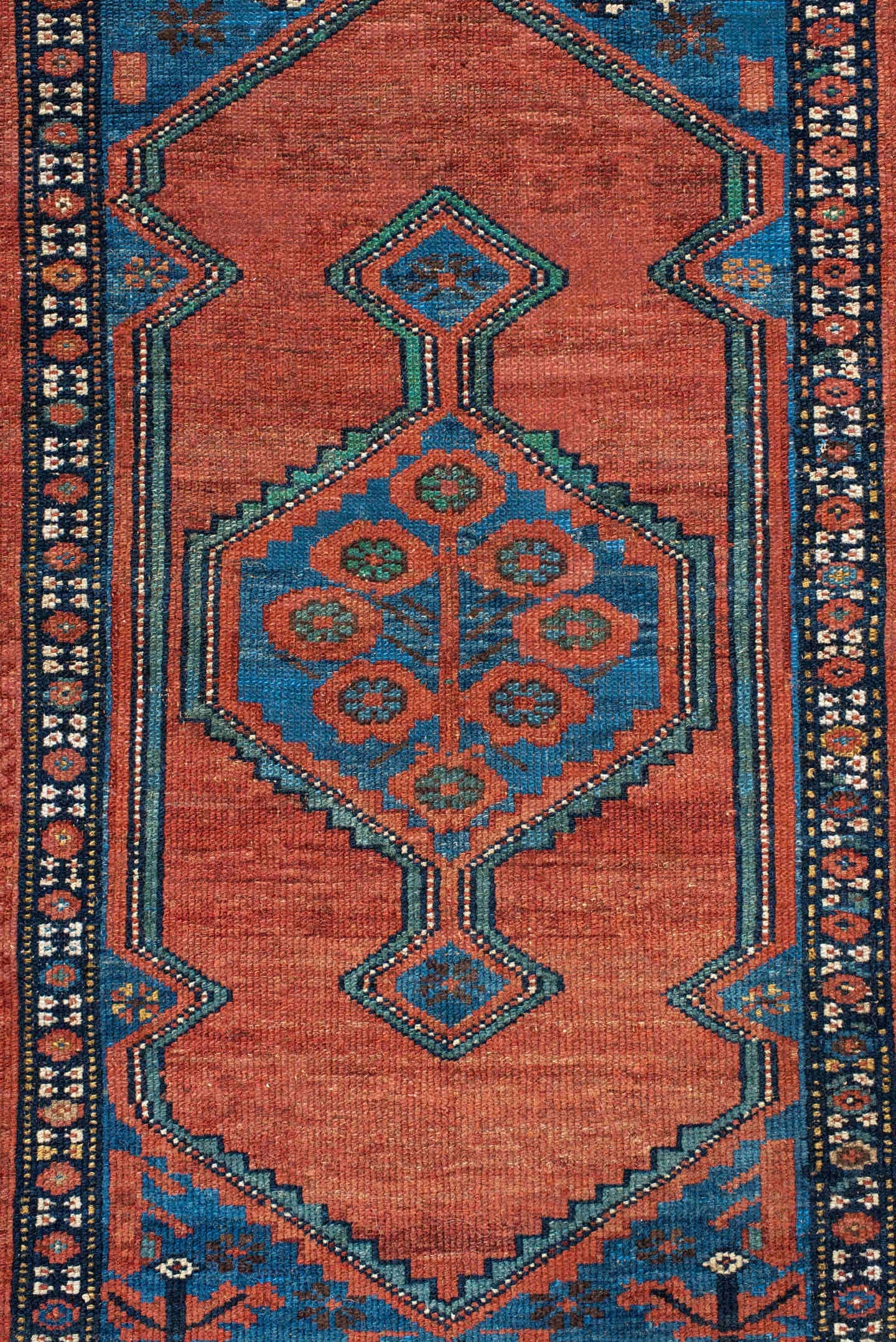 2' x 4' one-of-a-kind handmade antique Cam Hamadan small size rug. Color palette: ivory, terra cotta, sky blue, navy, rose