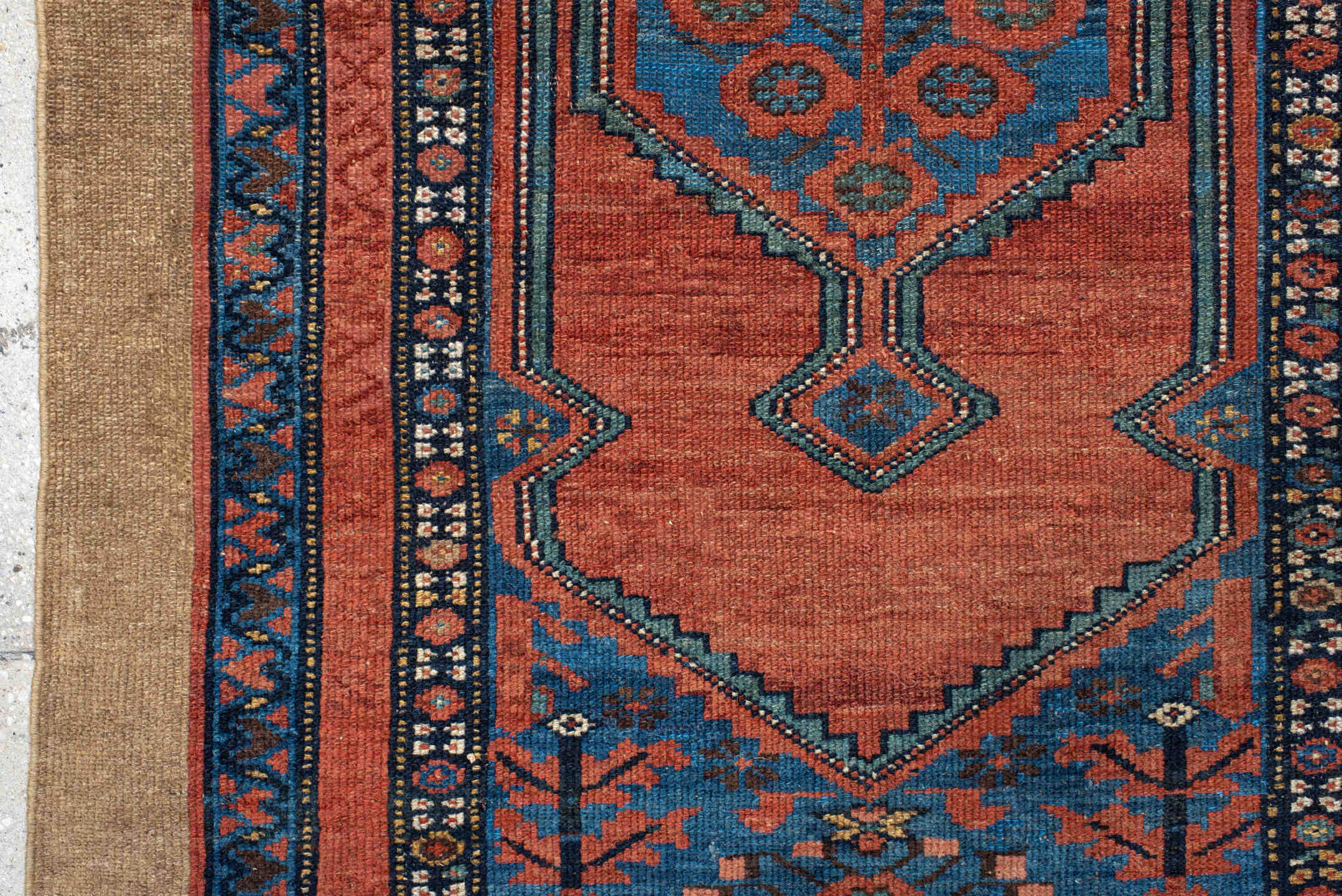 2' x 4' one-of-a-kind handmade antique Cam Hamadan small size rug. Color palette: ivory, terra cotta, sky blue, navy, rose