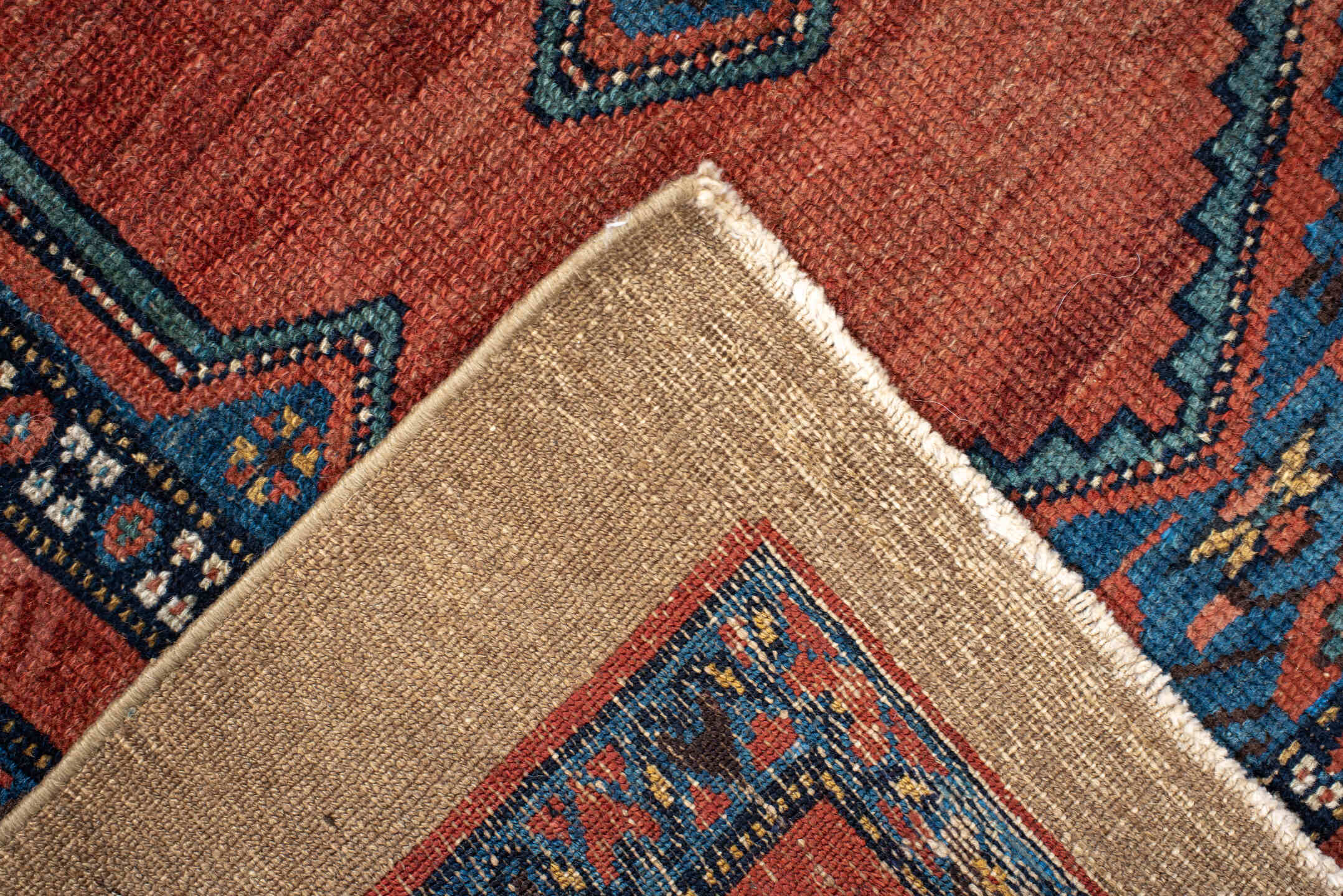 2' x 4' one-of-a-kind handmade antique Cam Hamadan small size rug. Color palette: ivory, terra cotta, sky blue, navy, rose