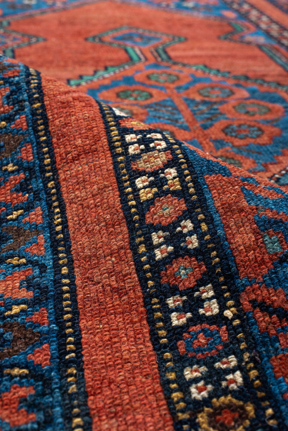 2' x 4' one-of-a-kind handmade vintage Cam Hamadan small size rug. Color palette: arapawa, blue, brown, fiord, gray, red