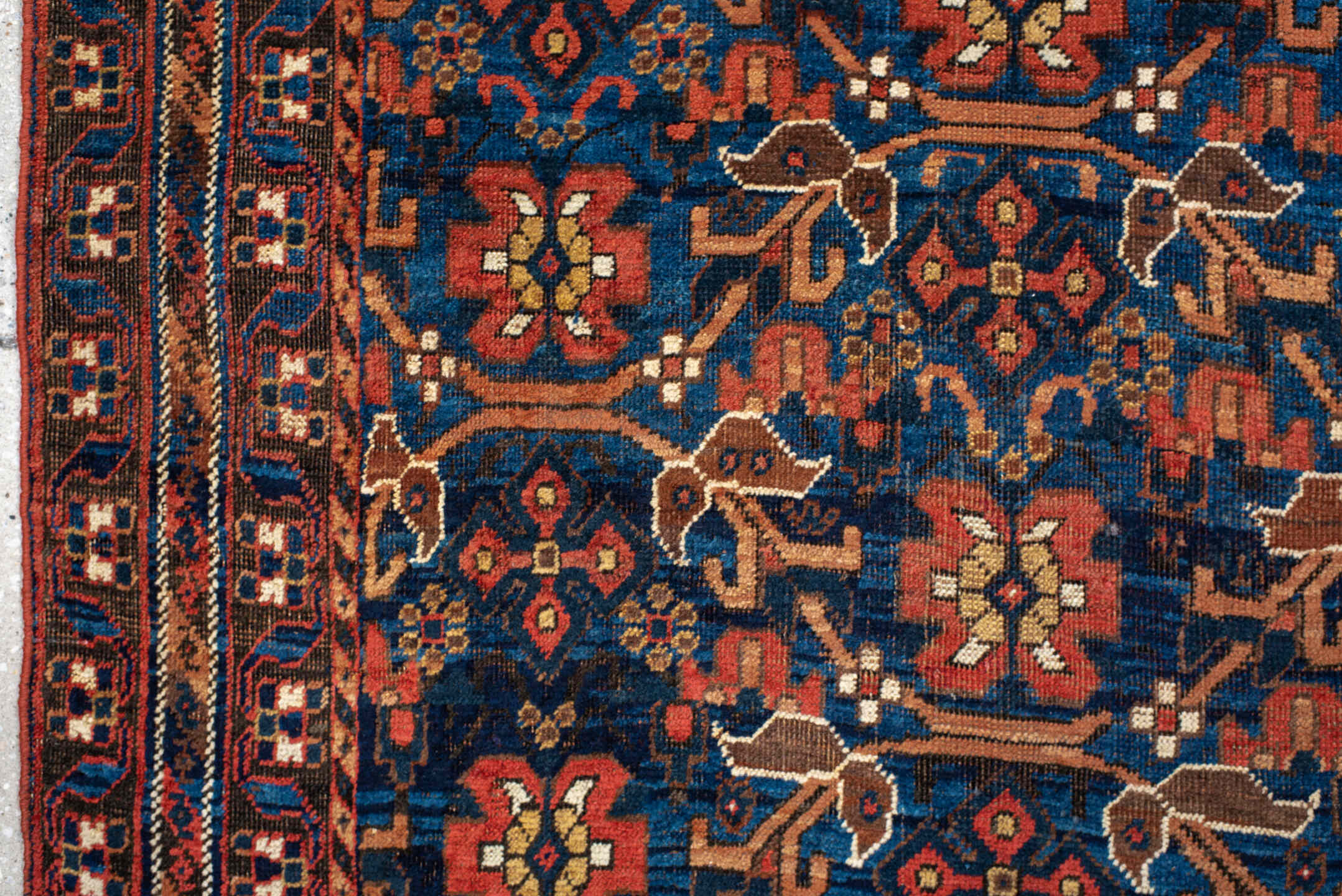 3' x 5' one-of-a-kind handmade vintage Afshar small size rug. Color palette: black, blue, brown, gray, light gray, off-white