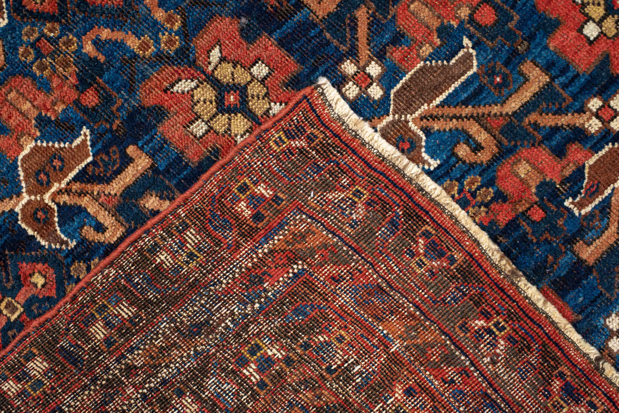 3' x 5' one-of-a-kind handmade antique Afshar small size rug. Color palette: navy, rust, ivory, camel, burgundy, indigo