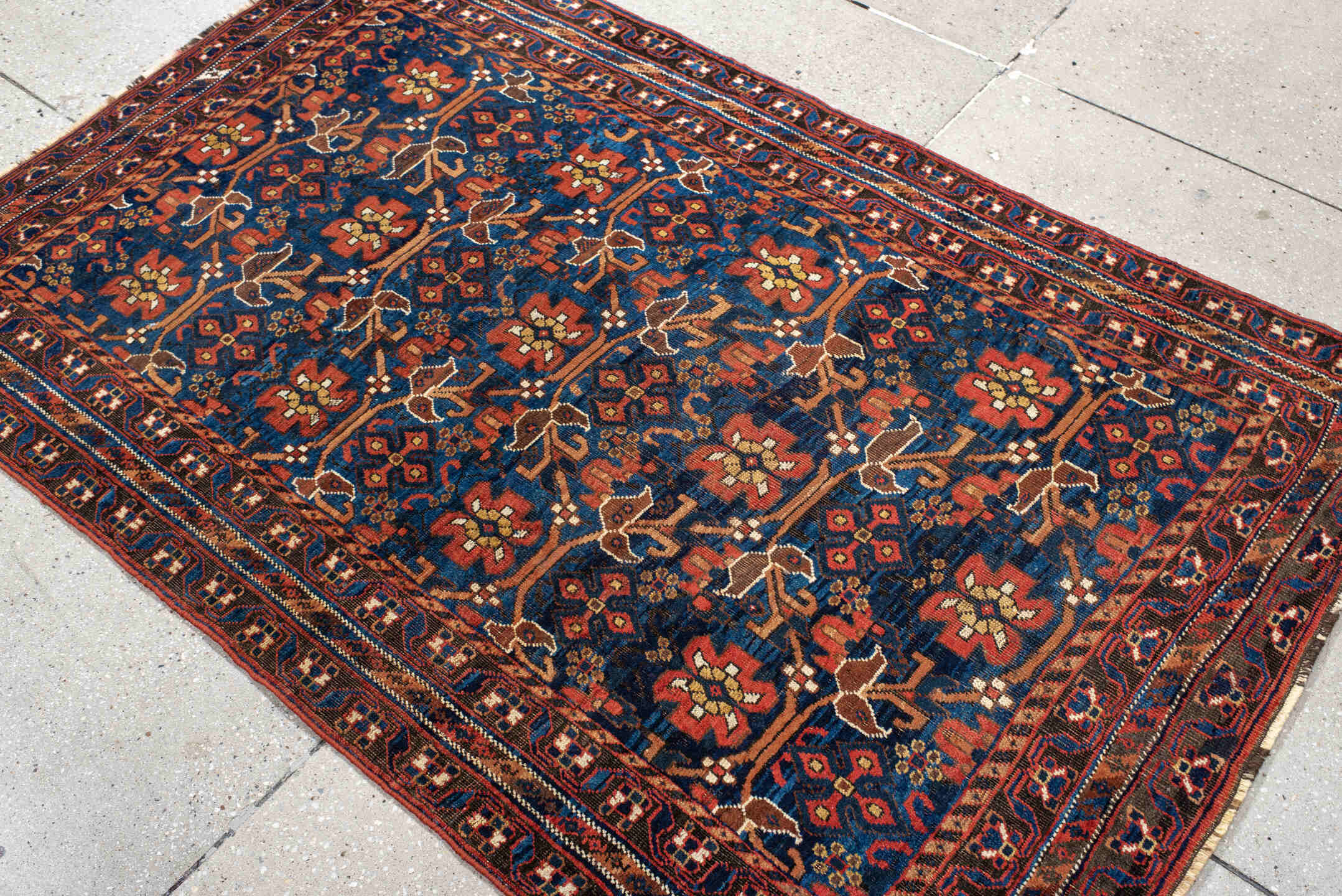 3' x 5' one-of-a-kind handmade antique Afshar small size rug. Color palette: navy, rust, ivory, camel, burgundy, indigo