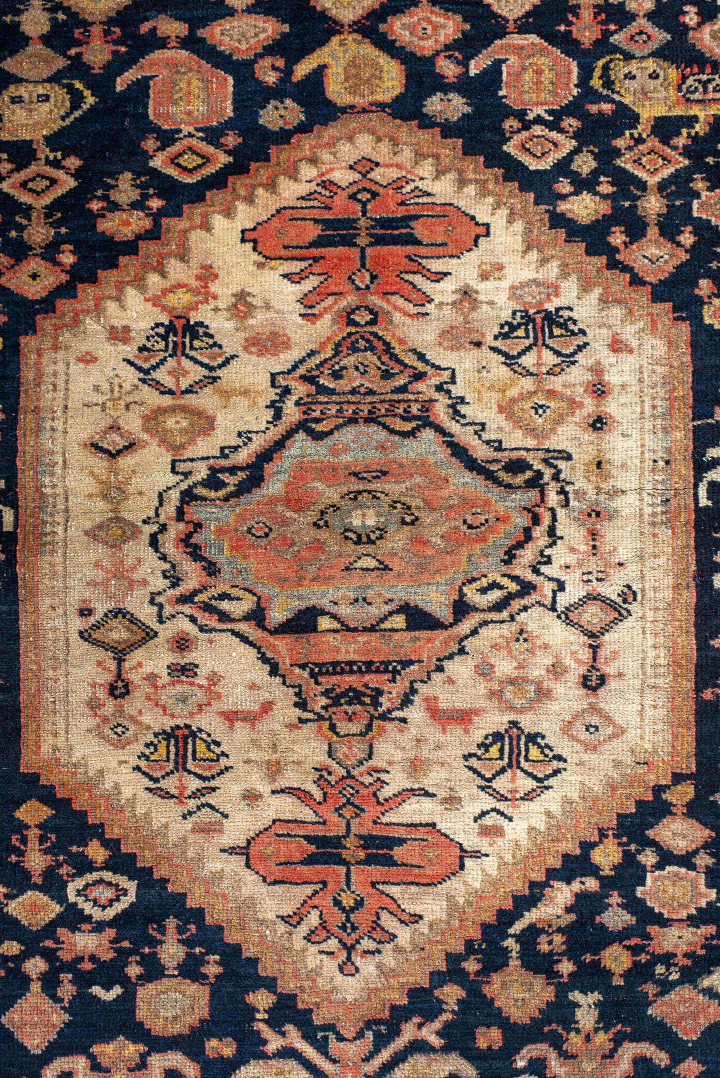 3' x 4' one-of-a-kind handmade antique NW Persian small size rug. Color palette: ivory, navy, camel, rose, taupe, rust