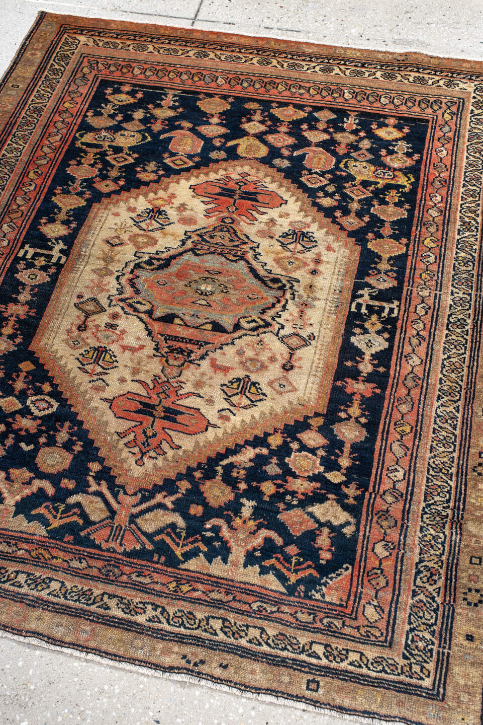 3' x 4' one-of-a-kind handmade antique NW Persian small size rug. Color palette: ivory, navy, camel, rose, taupe, rust
