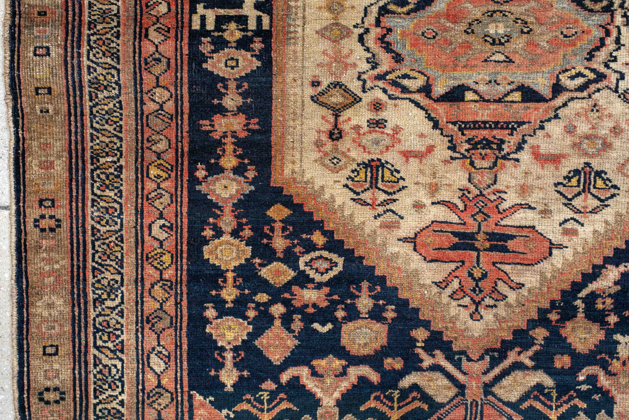 3' x 4' one-of-a-kind handmade antique NW Persian small size rug. Color palette: ivory, navy, camel, rose, taupe, rust
