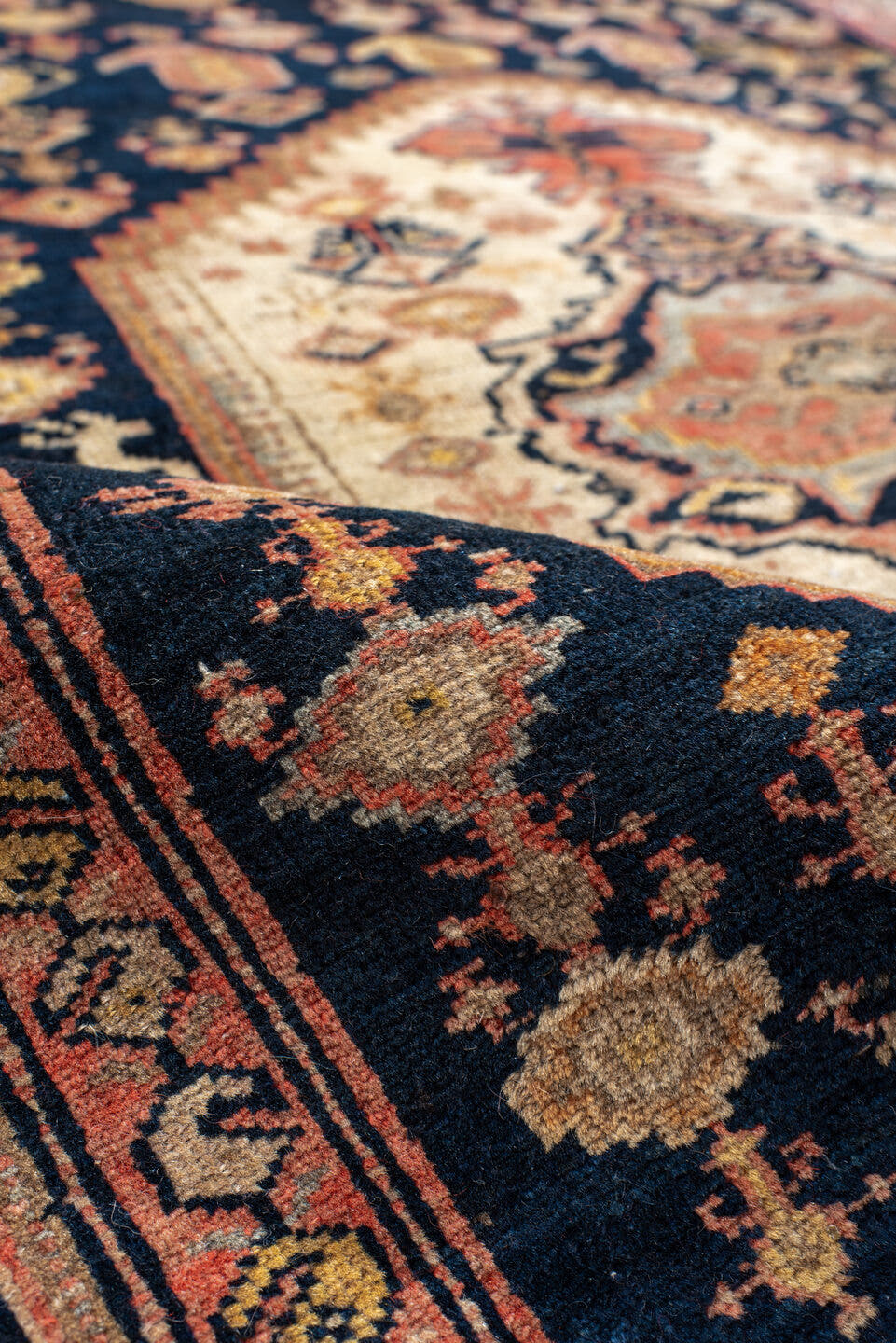 3' x 4' one-of-a-kind handmade antique NW Persian small size rug. Color palette: ivory, navy, camel, rose, taupe, rust