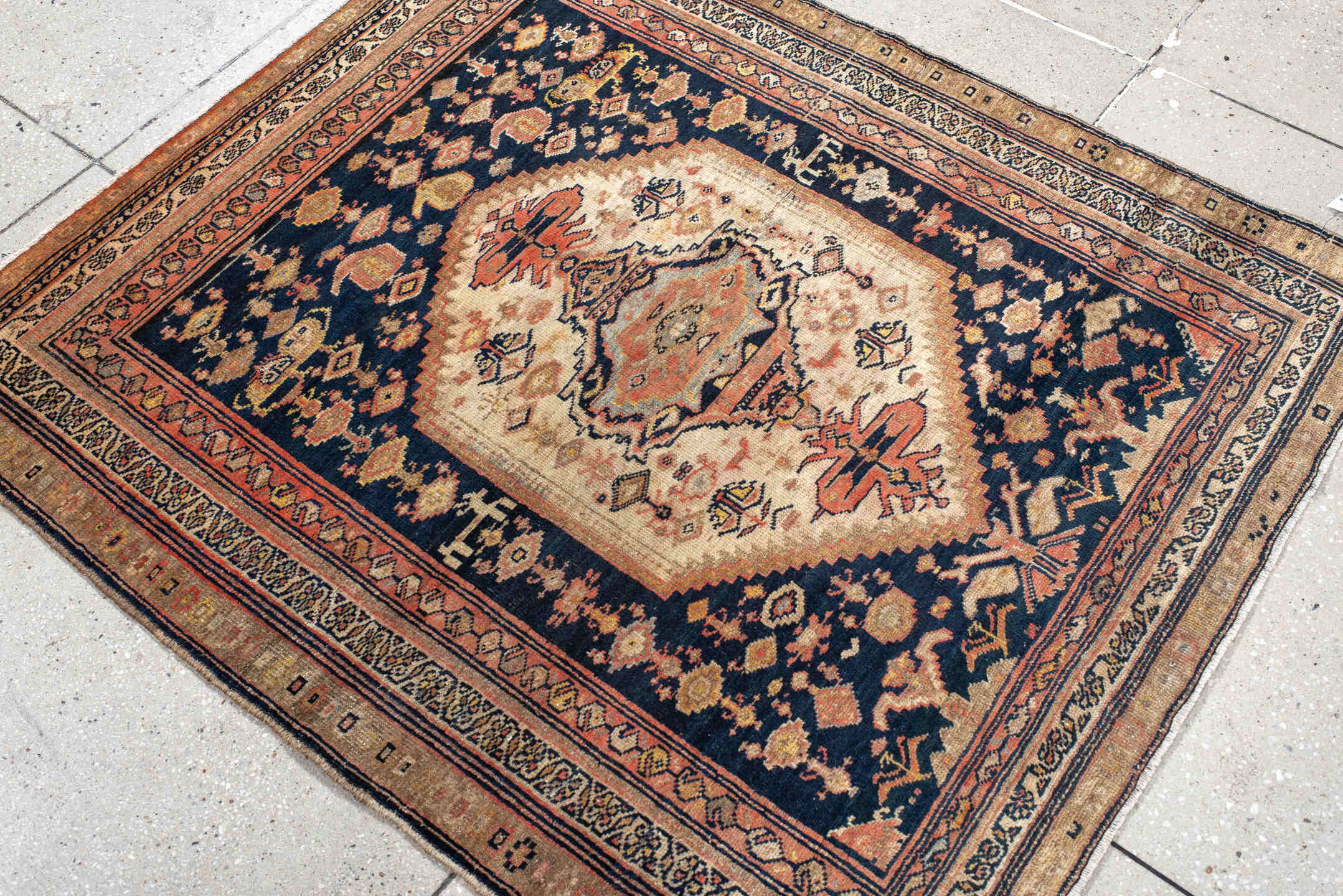 3' x 4' one-of-a-kind handmade antique NW Persian small size rug. Color palette: ivory, navy, camel, rose, taupe, rust