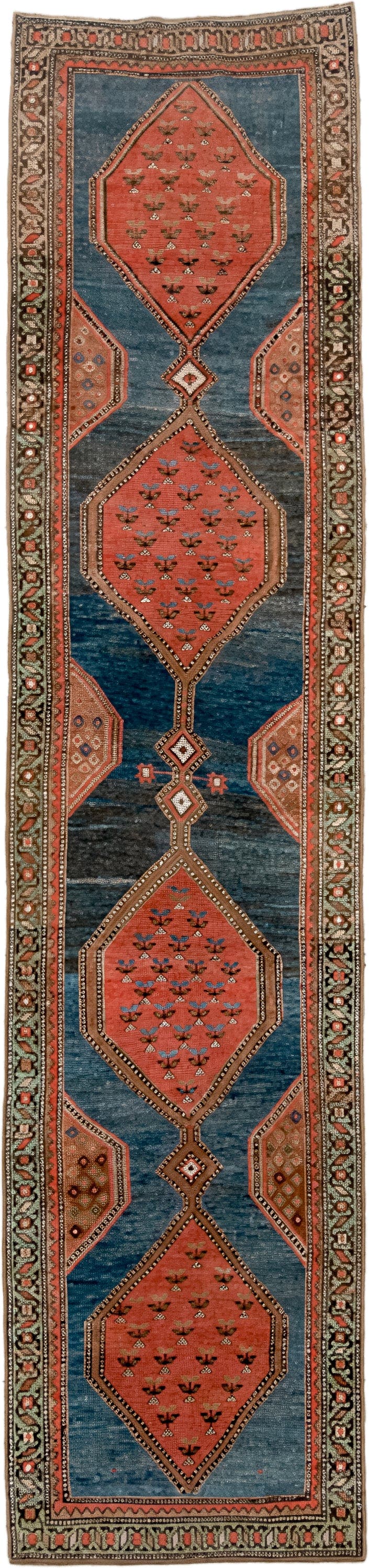 2' x 11' one-of-a-kind handmade antique NW Persian runner rug. Color palette: blue, rust, ivory, charcoal, coral, camel