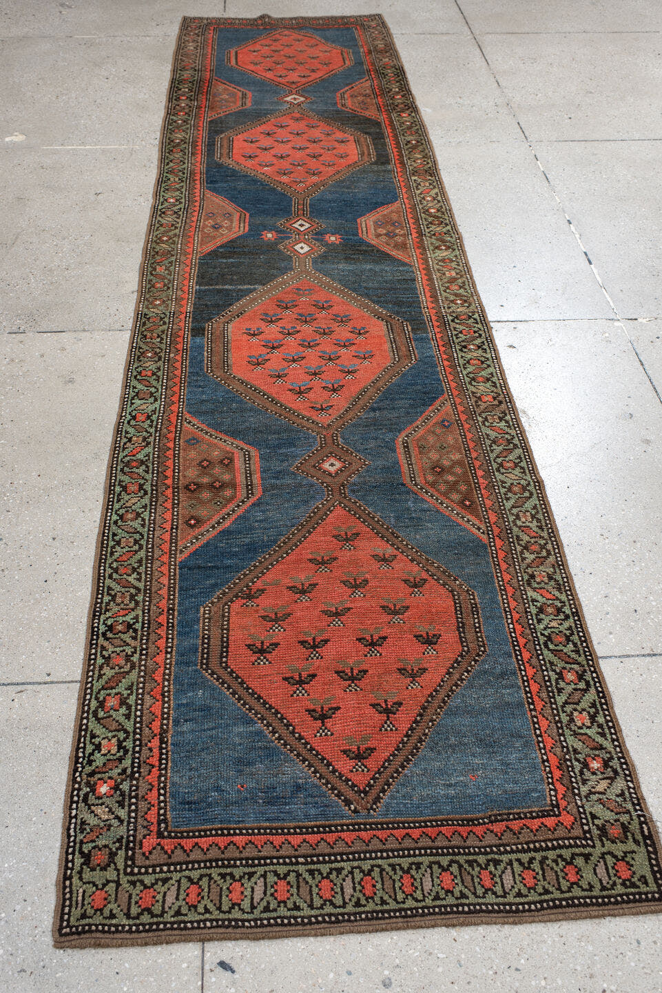 2' x 11' one-of-a-kind handmade antique NW Persian runner rug. Color palette: blue, rust, ivory, charcoal, coral, camel