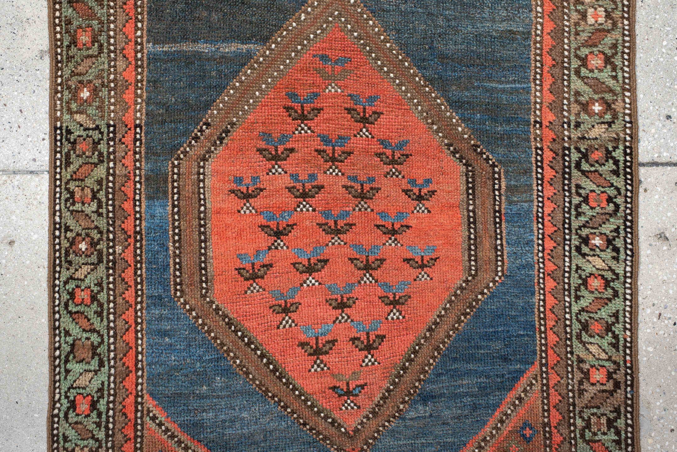 2' x 11' one-of-a-kind handmade antique NW Persian runner rug. Color palette: blue, rust, ivory, charcoal, coral, camel