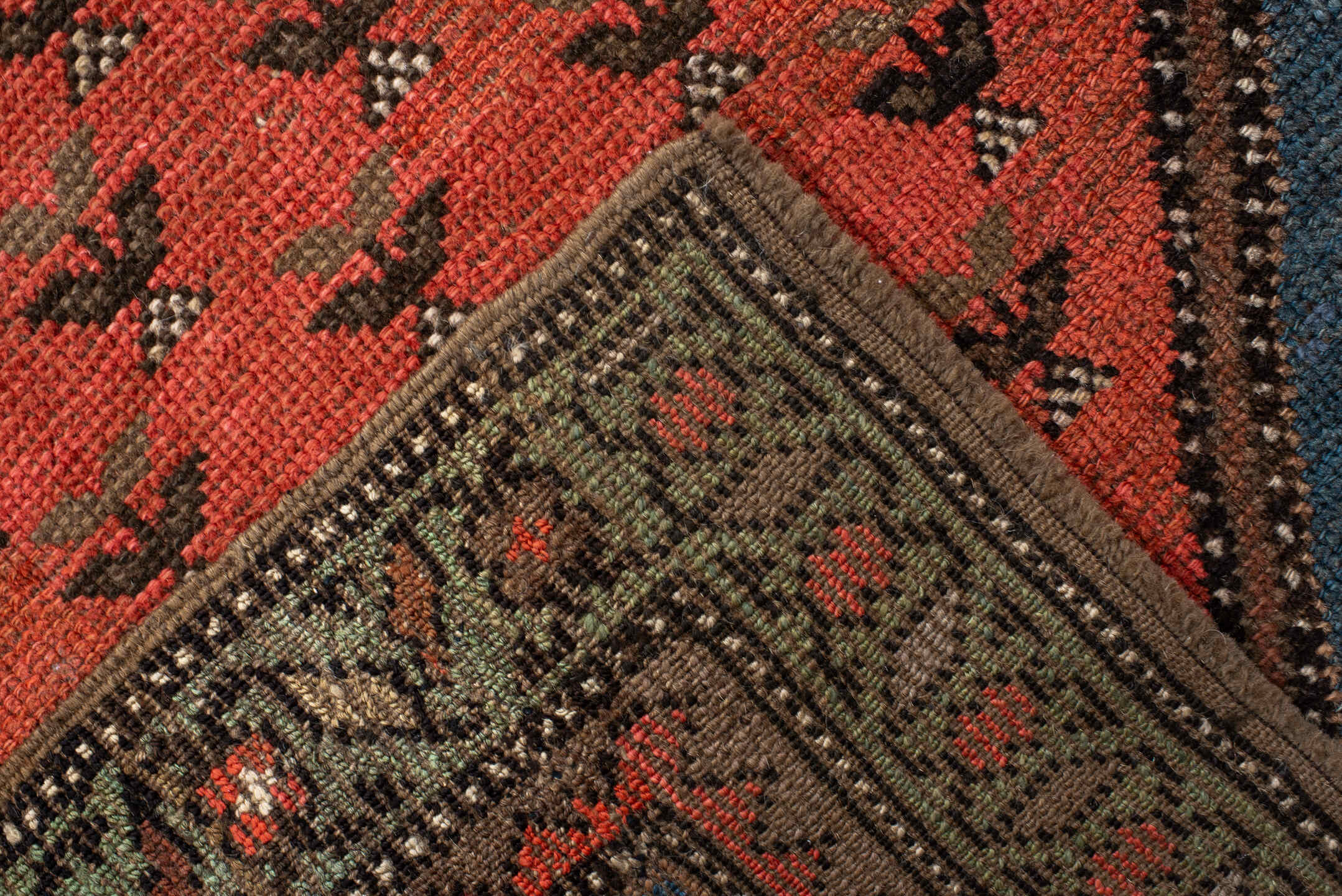 2' x 11' one-of-a-kind handmade antique NW Persian runner rug. Color palette: blue, rust, ivory, charcoal, coral, camel