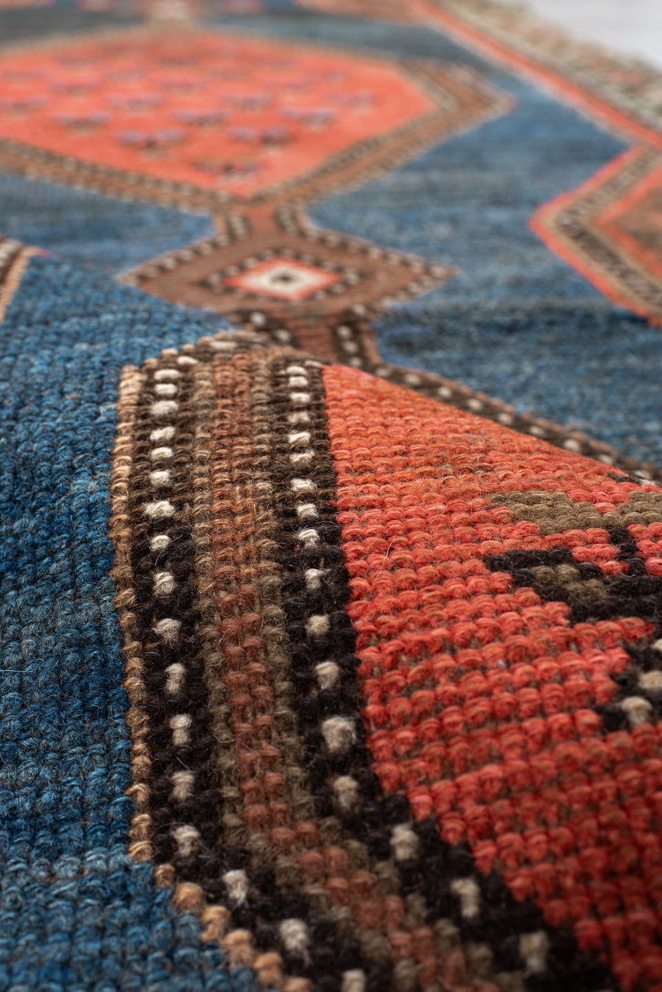 2' x 11' one-of-a-kind handmade antique NW Persian runner rug. Color palette: blue, rust, ivory, charcoal, coral, camel