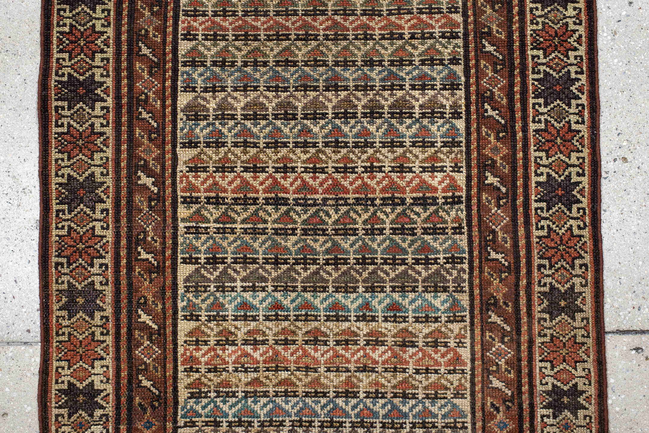 2' x 5' one-of-a-kind handmade vintage Malayer small size rug. Color palette: black, brown, dim gray, gray, pink