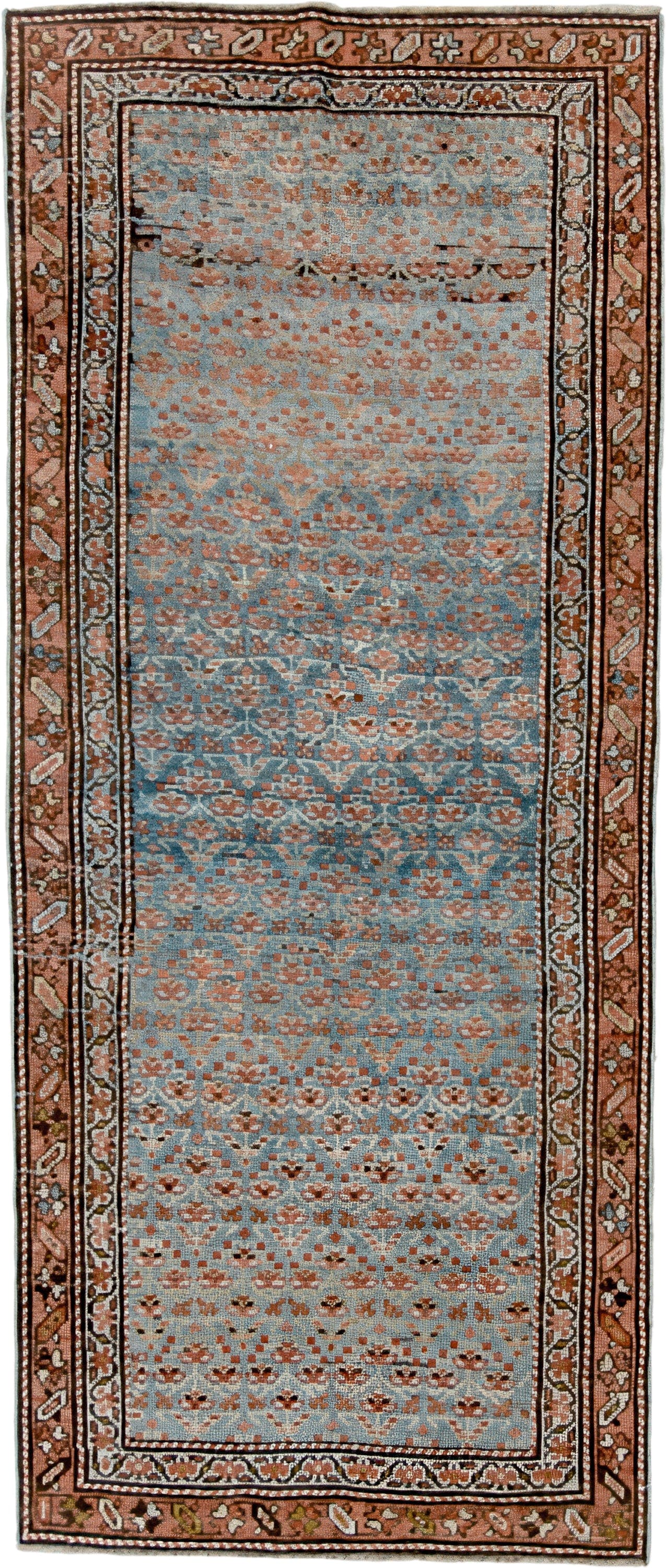 3' x 9' one-of-a-kind handmade antique NW Persian runner rug. Color palette: sky blue, rust, ivory, brown, slate, camel