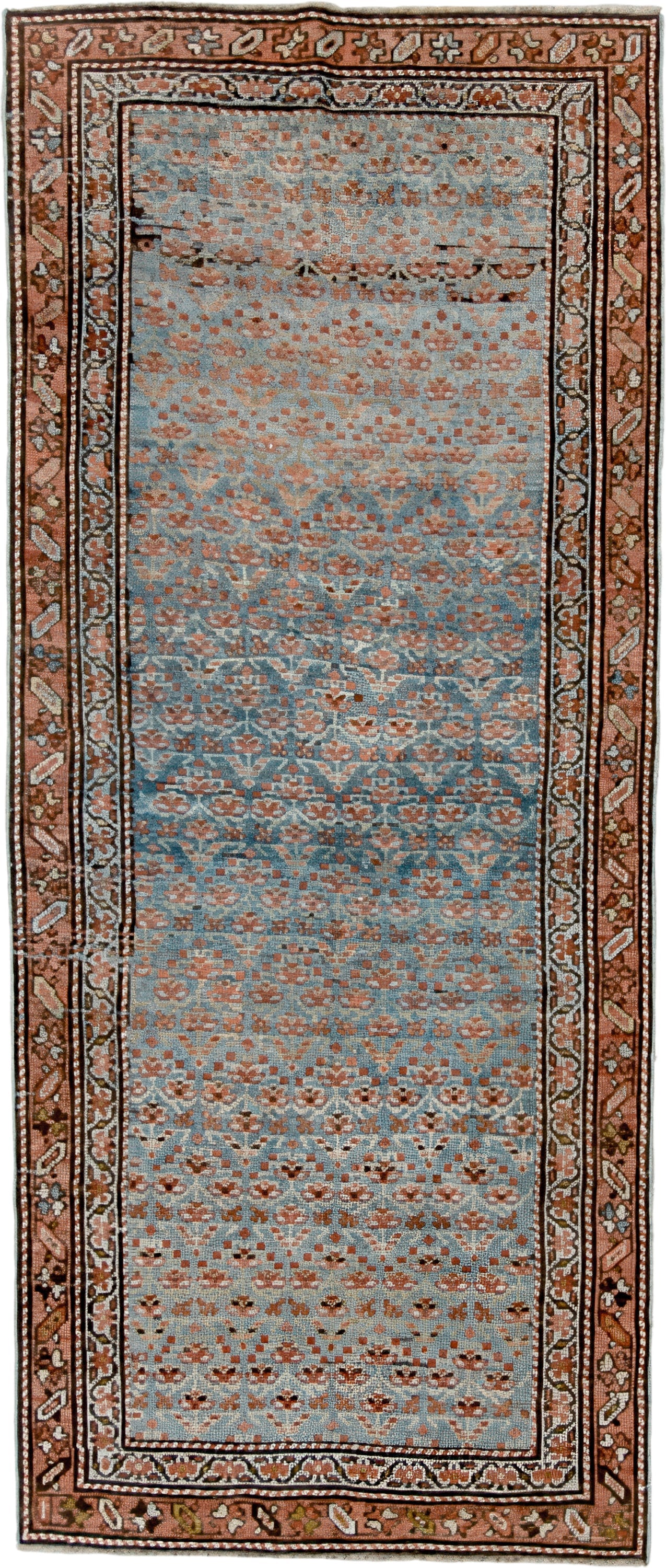 3' x 9' one-of-a-kind handmade antique NW Persian runner rug. Color palette: sky blue, rust, ivory, brown, slate, camel