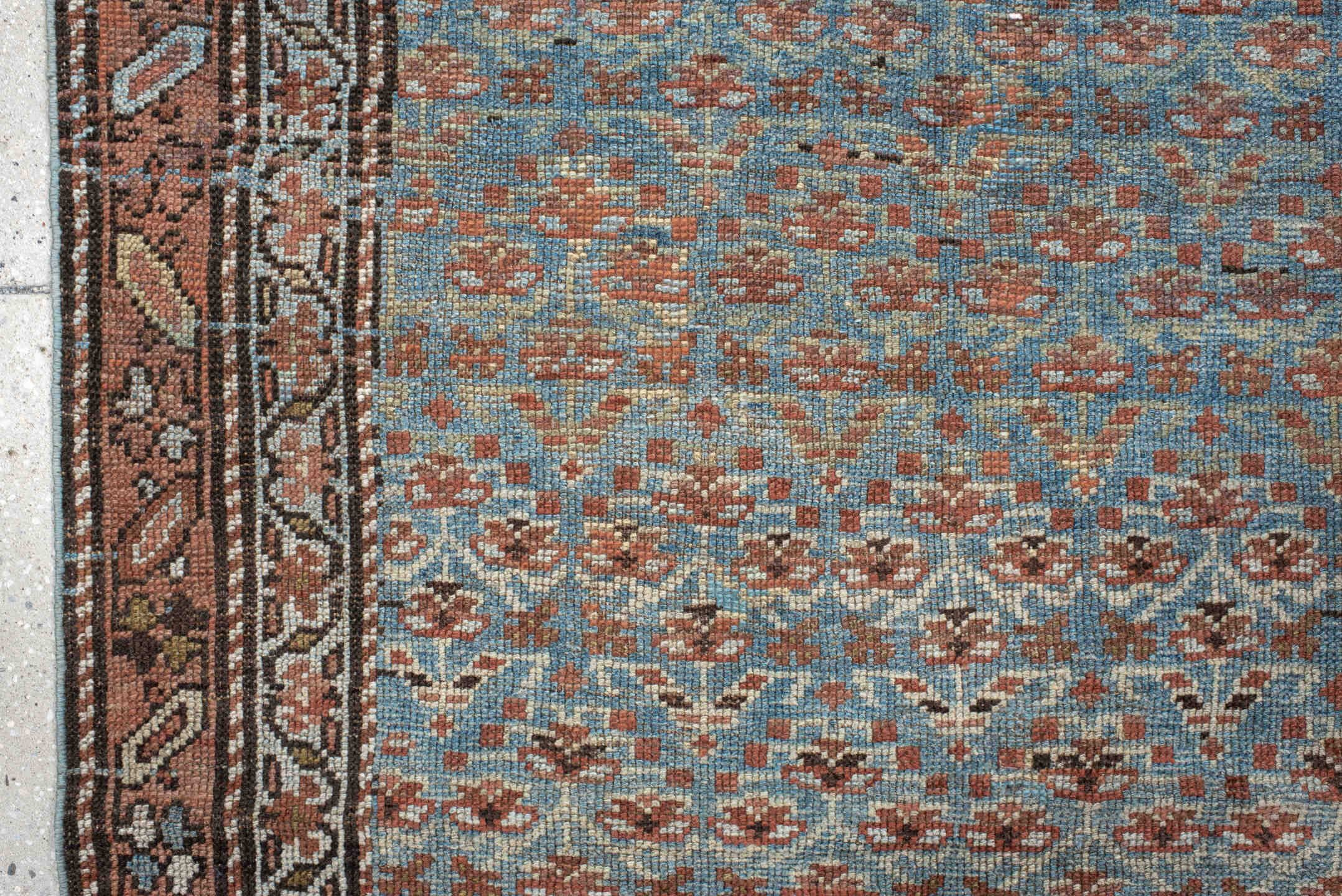 3' x 9' one-of-a-kind handmade antique NW Persian runner rug. Color palette: sky blue, rust, ivory, brown, slate, camel