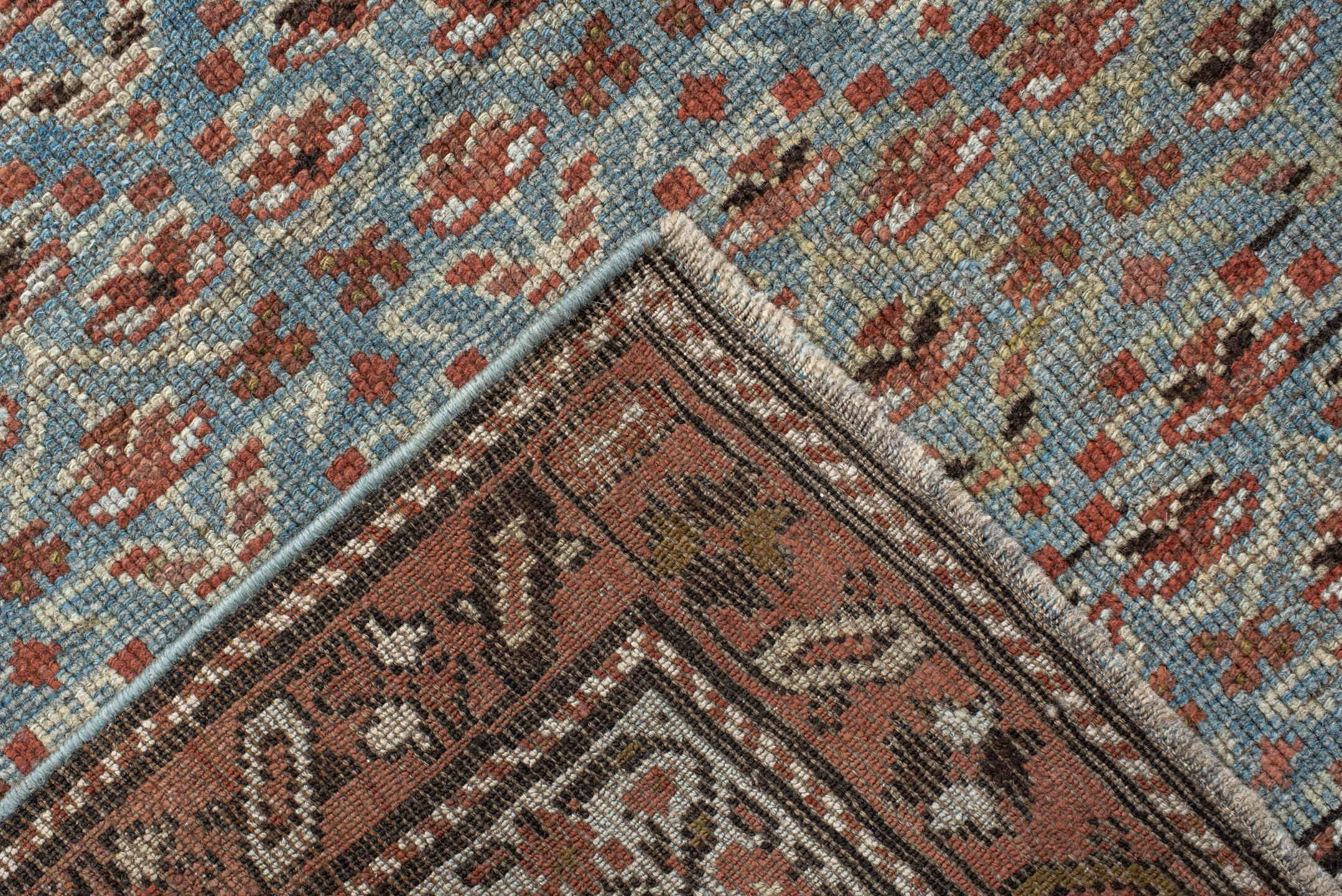 3' x 9' one-of-a-kind handmade antique NW Persian runner rug. Color palette: sky blue, rust, ivory, brown, slate, camel